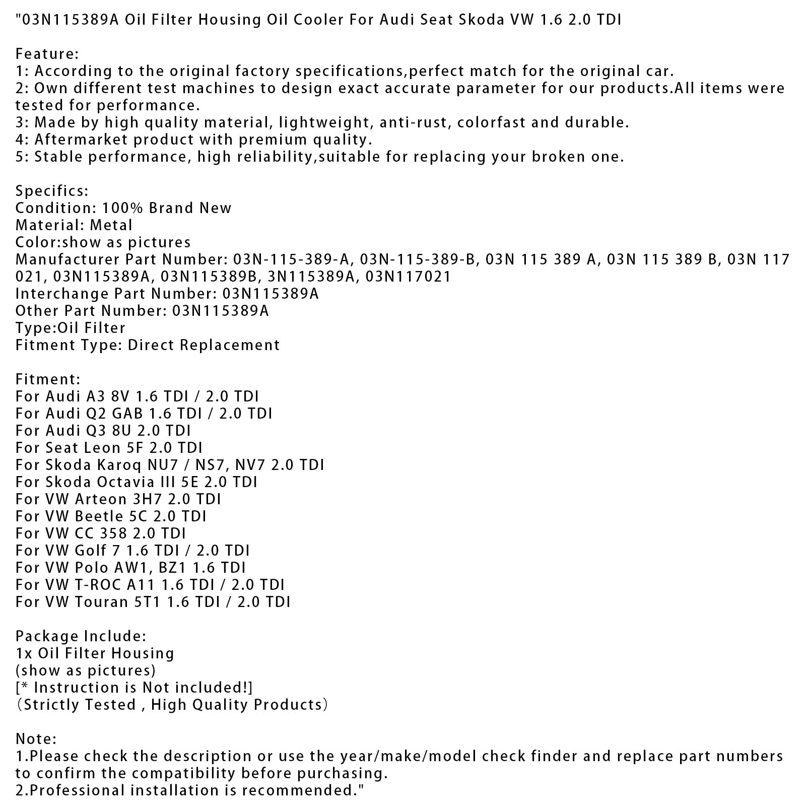 Alloggiamento del filtro dell'olio e radiatore'Olio 03N115389A per Audi, Seat, Skoda e VW 1.6 e 2.0 TDI