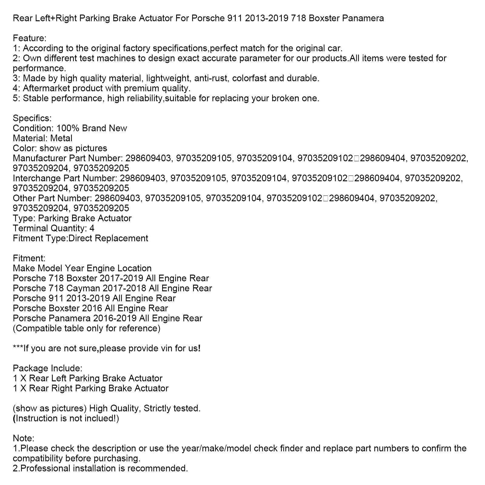 Actuador de freno de estacionamiento trasero L+R apto para Porsche 911 2013-2019 718 Boxster Panamera