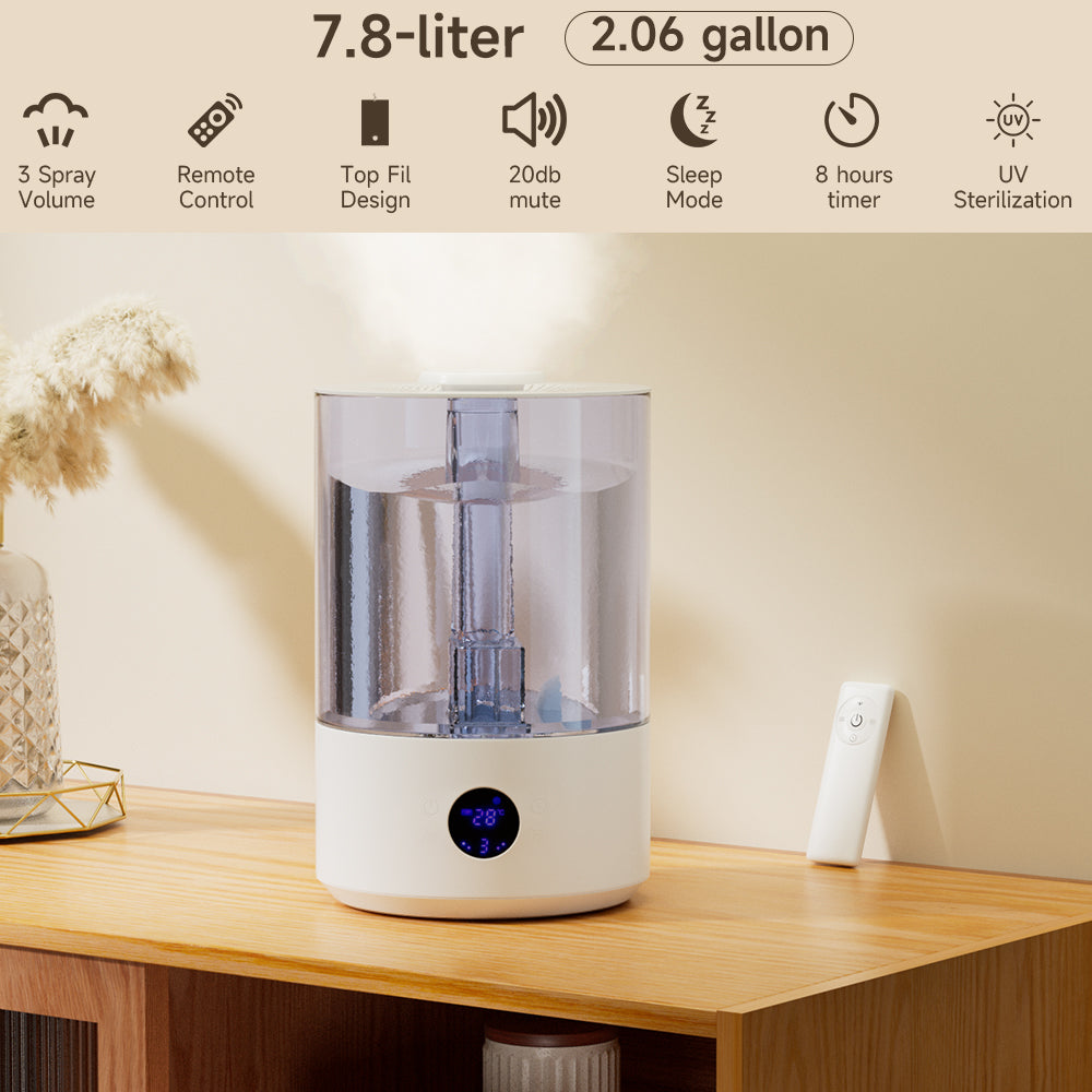 Humidificateur pour grande chambre (7,8L), avec stérilisation UV, diffuseur d'huiles essentielles