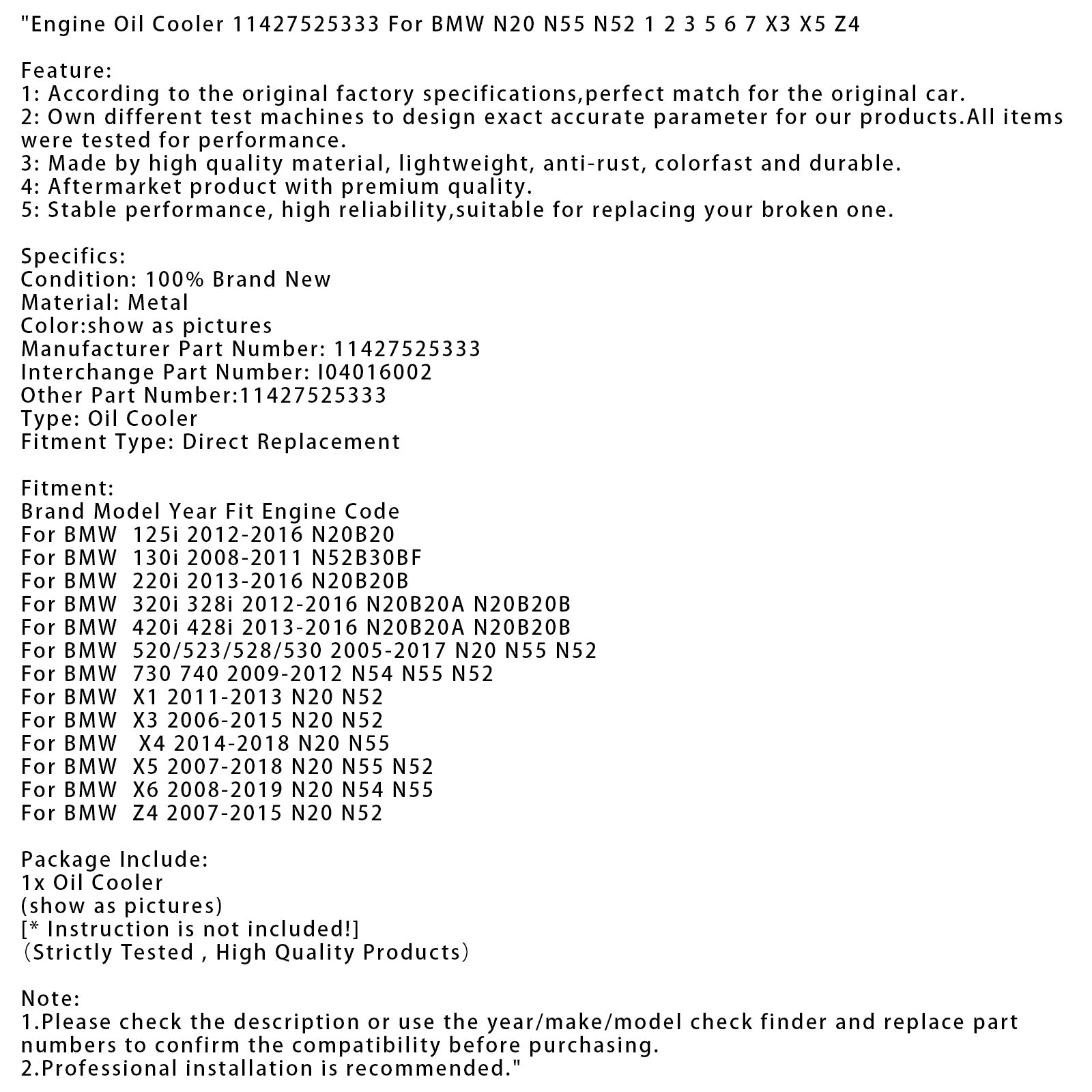 Refroidisseur d'huile moteur 11427525333 pour BMW N20 N55 N52 1 2 3 5 6 7 X3 X5 Z4