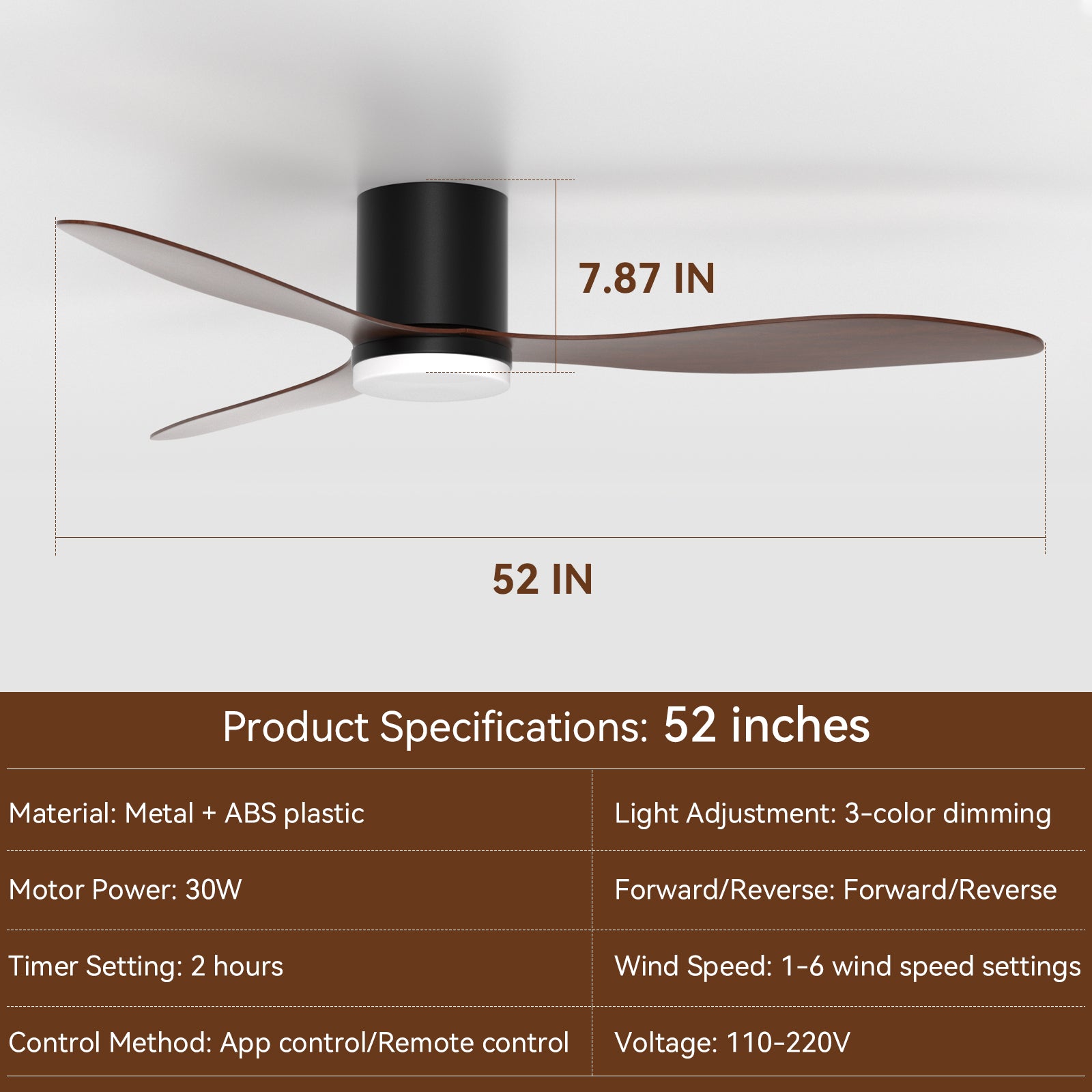Télécommande/App pour Chambre Moteur DC Ventilateur de Plafond 52 Pouces avec Lumières