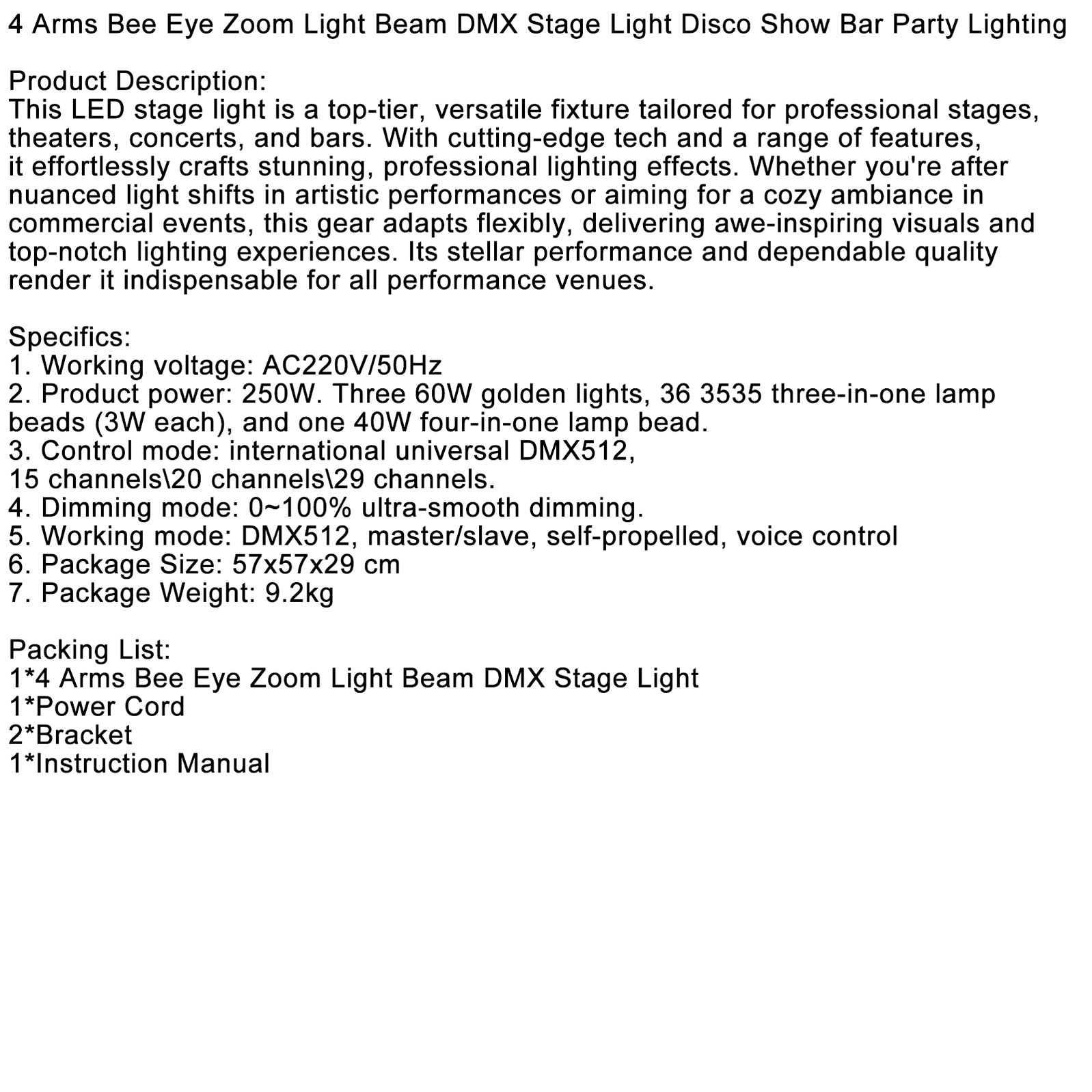 Projecteur Faisceau Zoom Abeille 4 Bras DMX Pour Scène Discothèque Bar Soirées