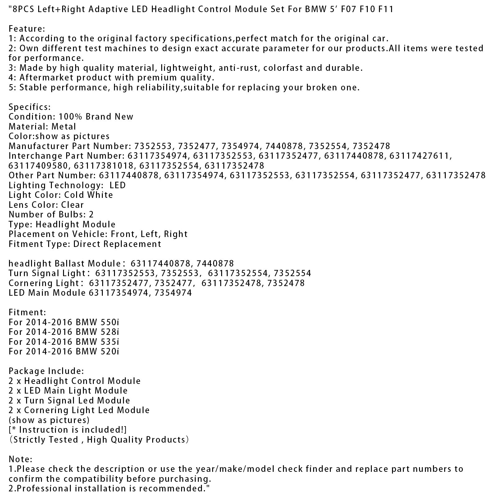Set van 8 besturingsmodules voor linker- en rechts-adaptieve koplampen voor BMW 550I 2014-2016