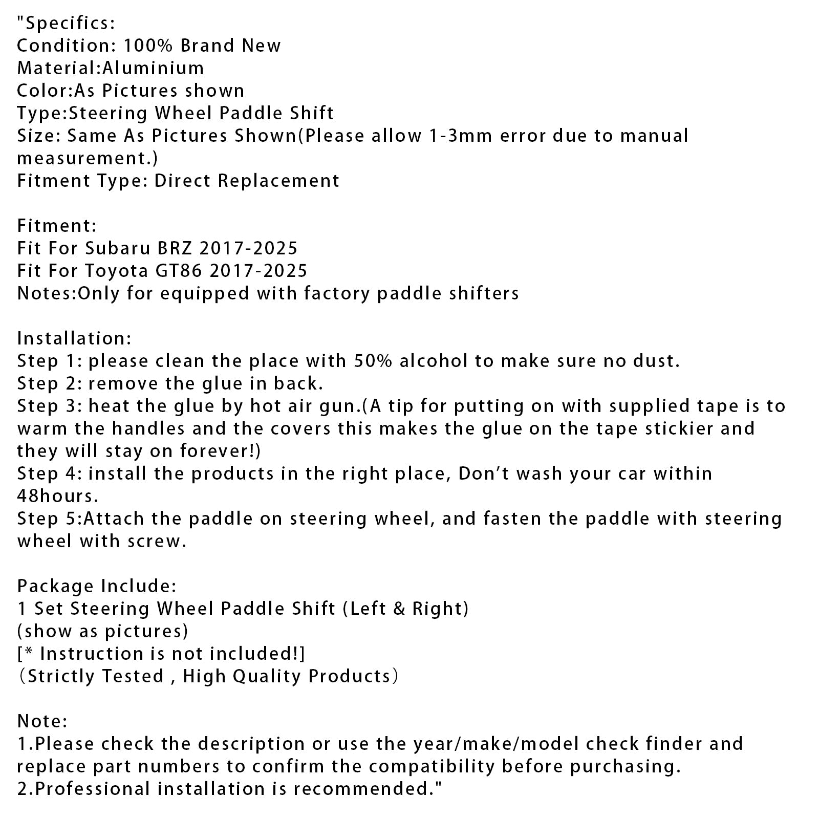 Subaru Toyota 2017-2025: n nopeudenmuutoslavojen laajennus ohjauspyörä, alumiini,