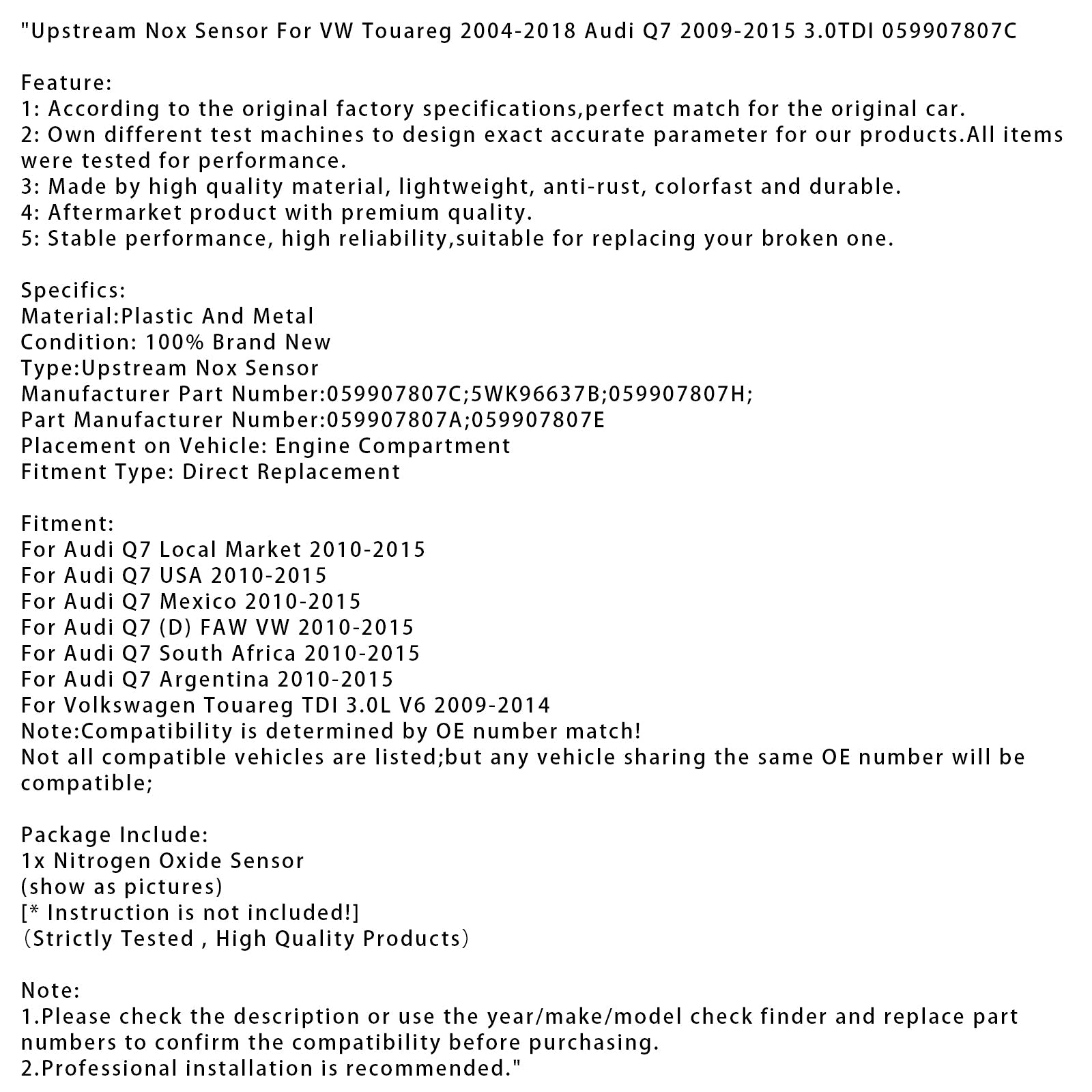 Gornji senzor NOx za VW Touareg 2004-2018 Audi Q7 2009-2015 3.0TDI 059907807C