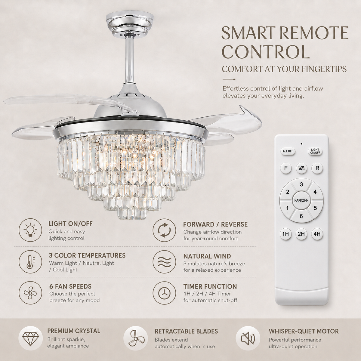 Ventilateur de plafond en cristal de 106 cm avec éclairage