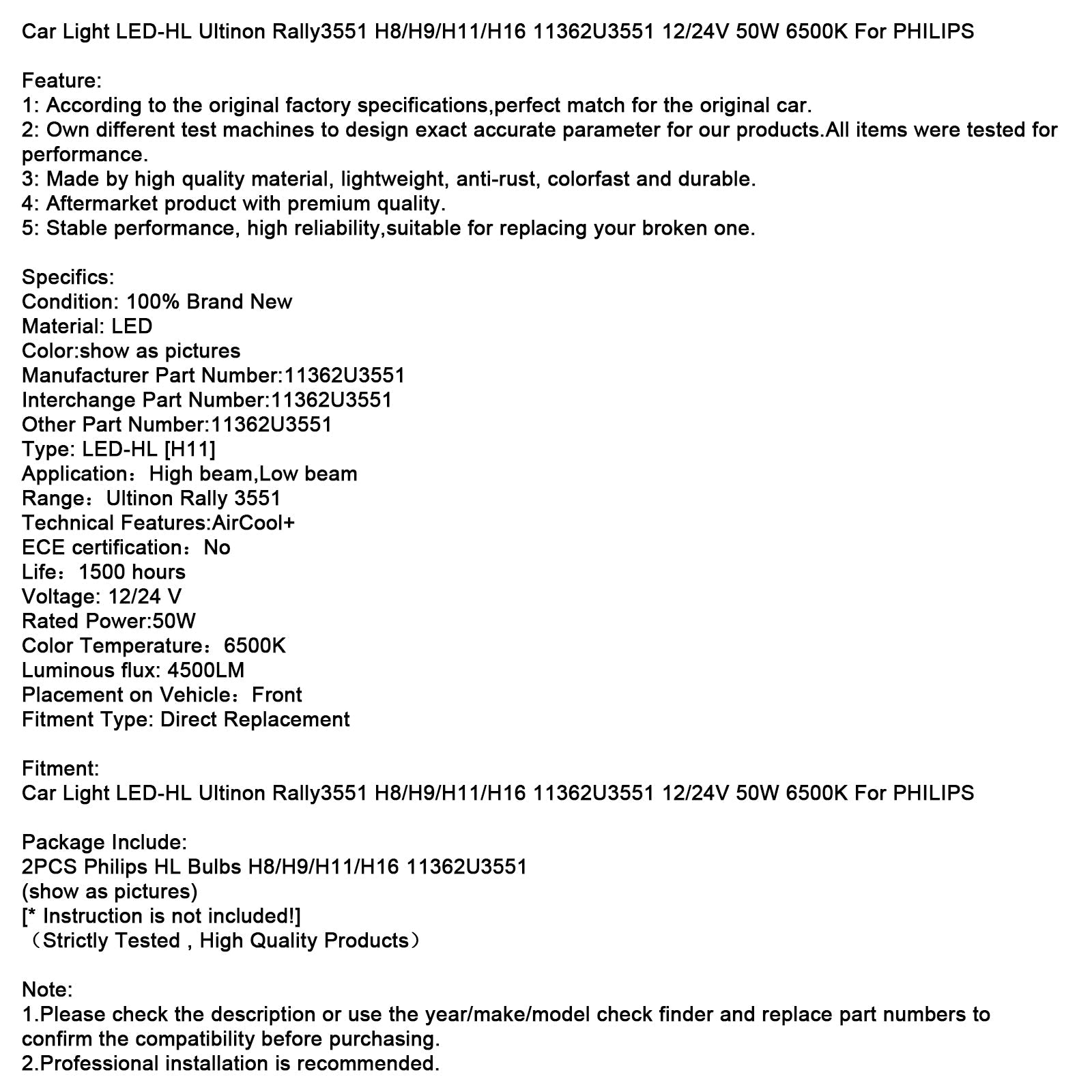 LED-HL Ultinon Rally3551 H8/H9/H11/H16 12/24 V 50 W 50 W 6 500 K para Philips