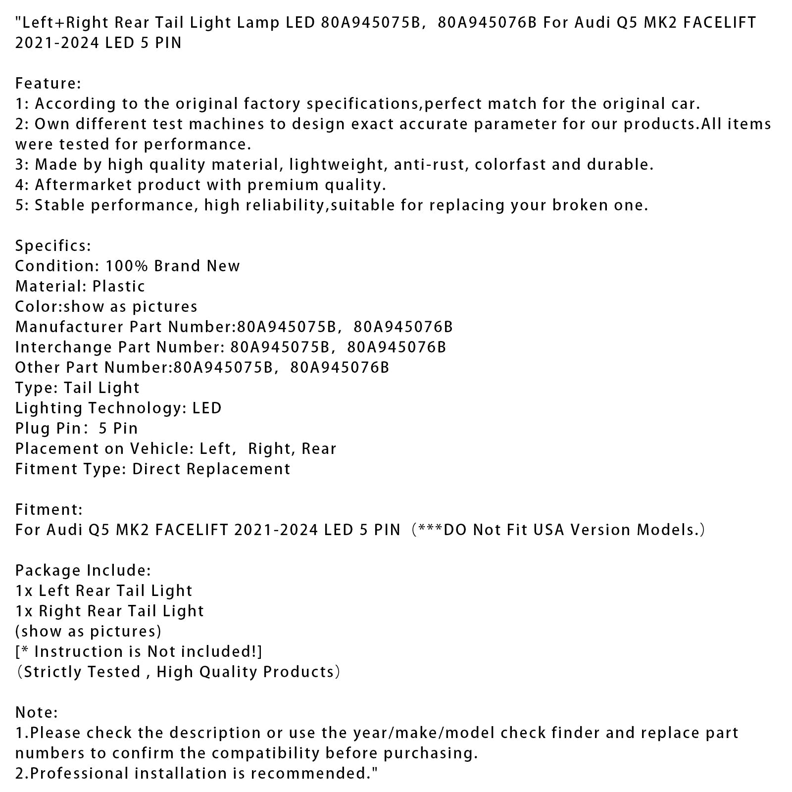 Feu arrière gauche et droit à LED pour Audi Q5 MK2 restylé 2021-2024 (5 broches)