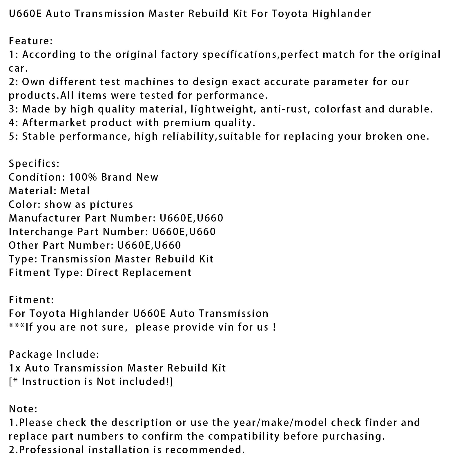 Kit Révision Complet Boîte Automatique U660E Pour Toyota Highlander