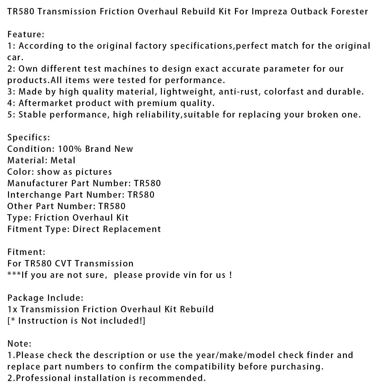 Kit di revisione del disco di attrito della trasmissione TR580 per Impreza Outback Forester