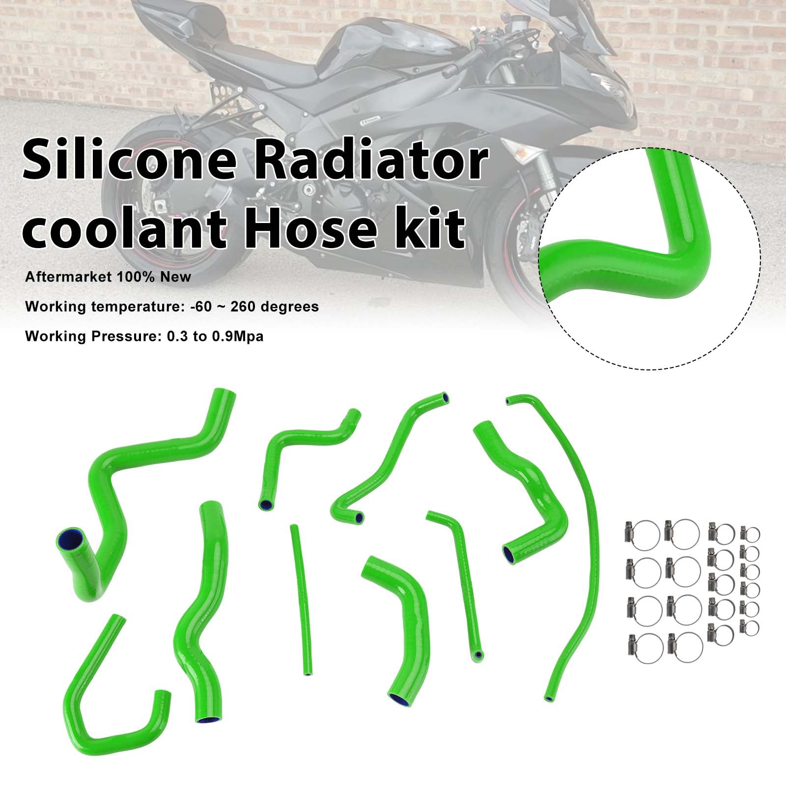 Kit de durites de refroidissement en silicone pour radiateur Kawasaki Ninja 636 ZX-6R 09-26 Green