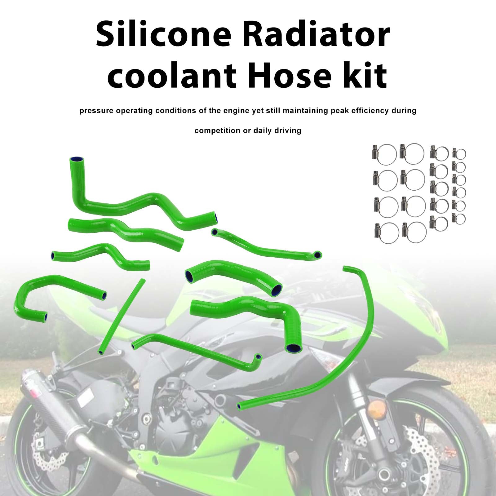 Kit de durites de refroidissement en silicone pour radiateur Kawasaki Ninja 636 ZX-6R 09-26 Green