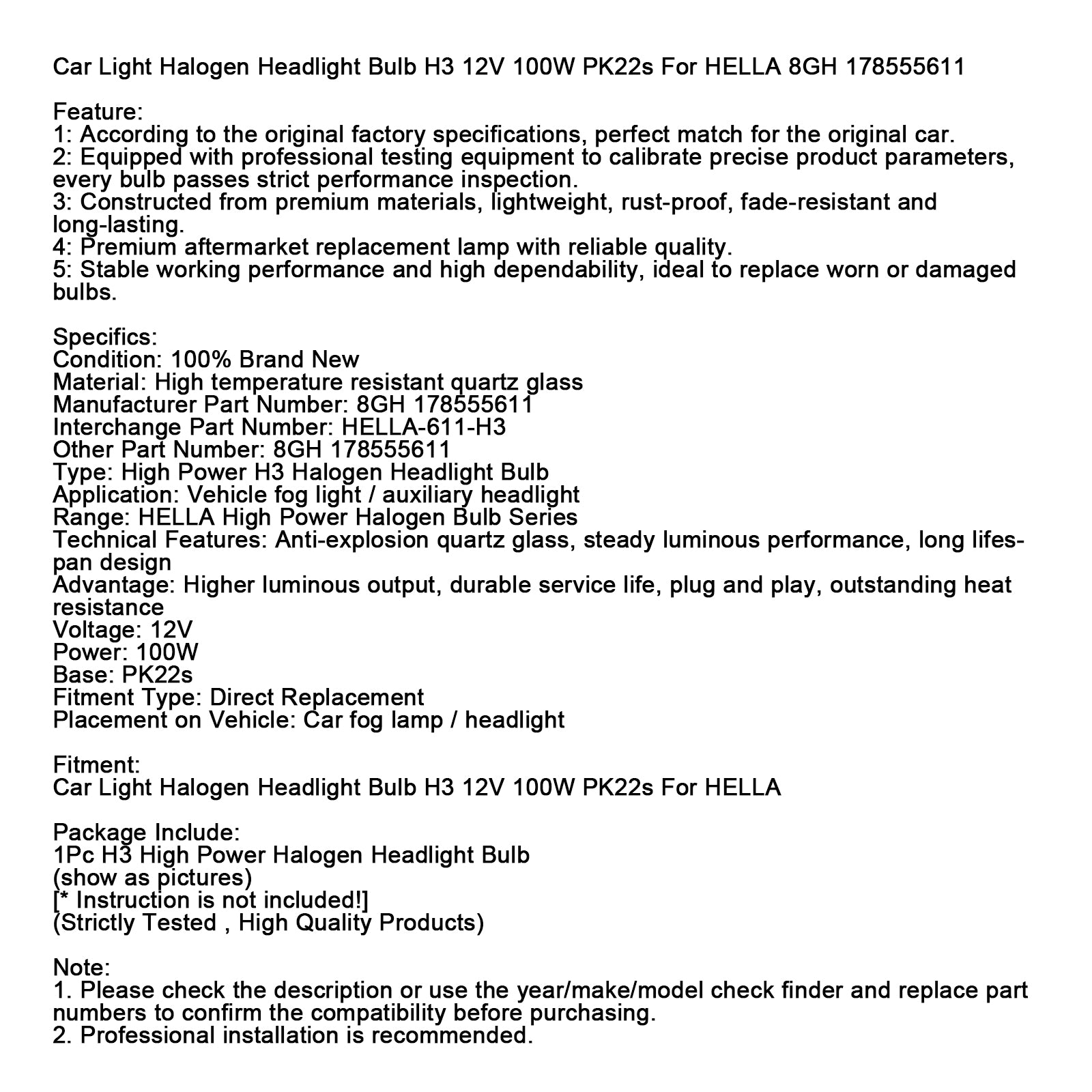 Ampoule Phare Halogène Auto H3 12V 100W PK22s Pour HELLA 8GH 178555611