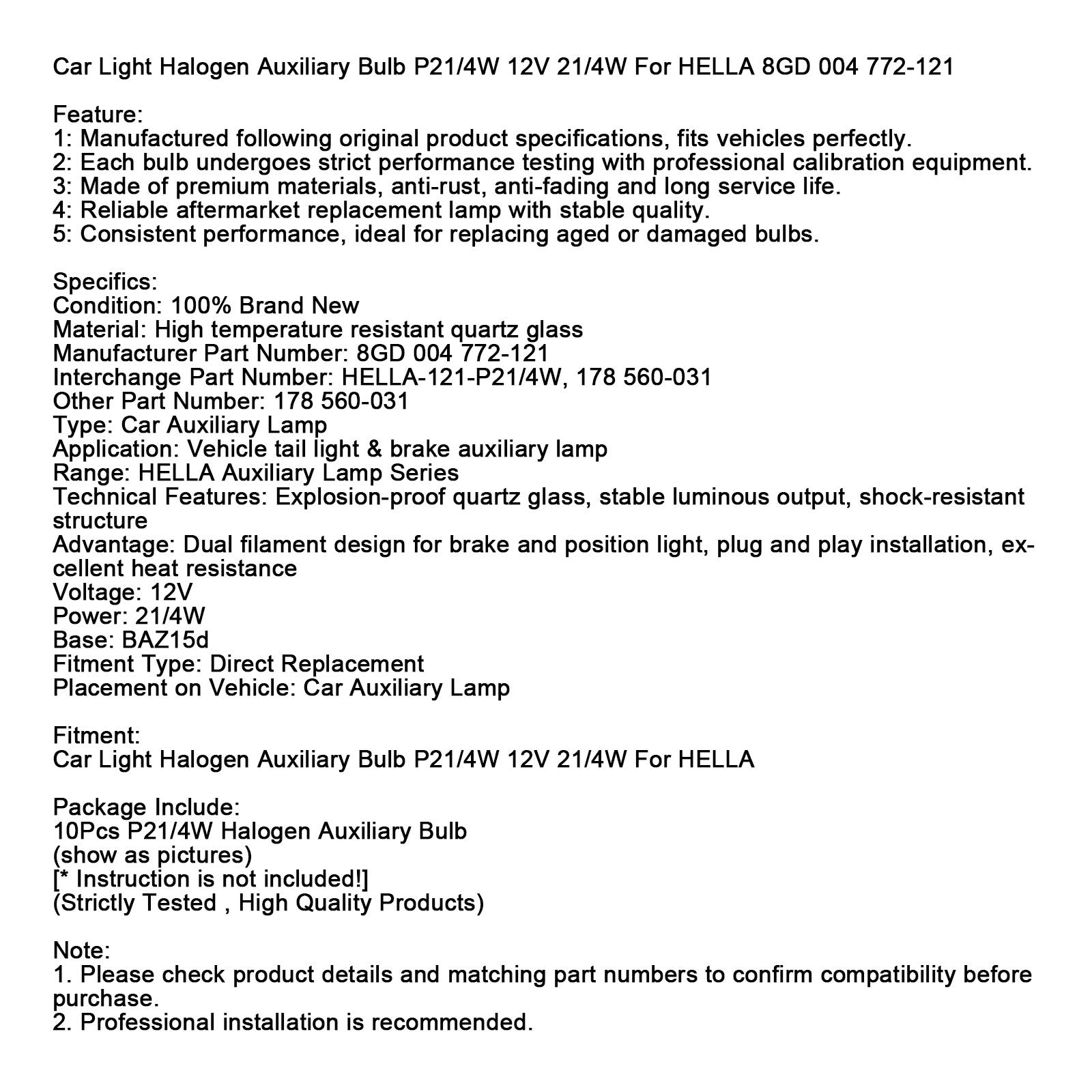 Ampoule Auxiliaire Halogène Voiture P21/4W 12V 21/4W Pour HELLA 8GD 004 772-121