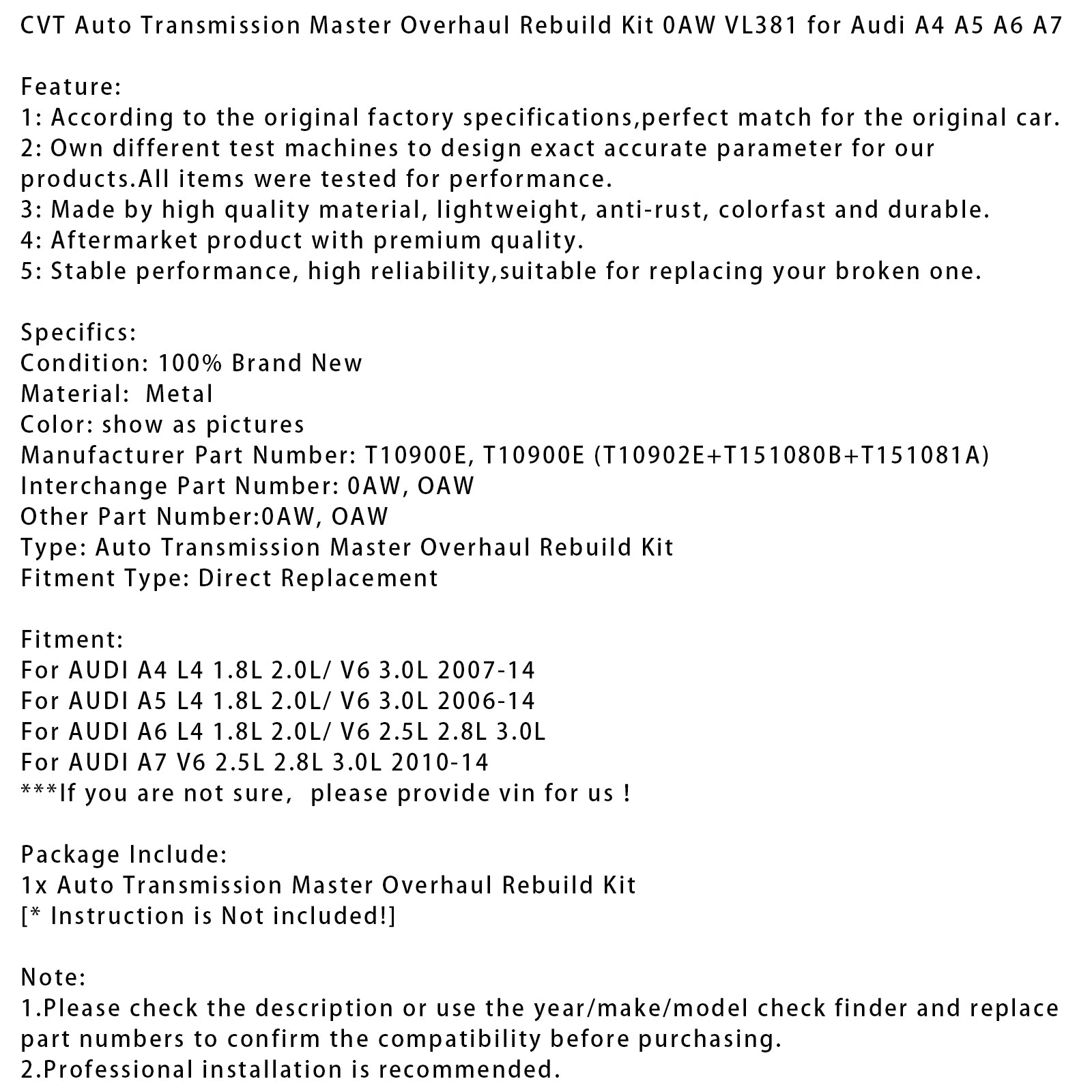 Kit Révision Complet Boîte Automatique CVT 0AW VL381 Pour Audi A4 A5 A6 A7