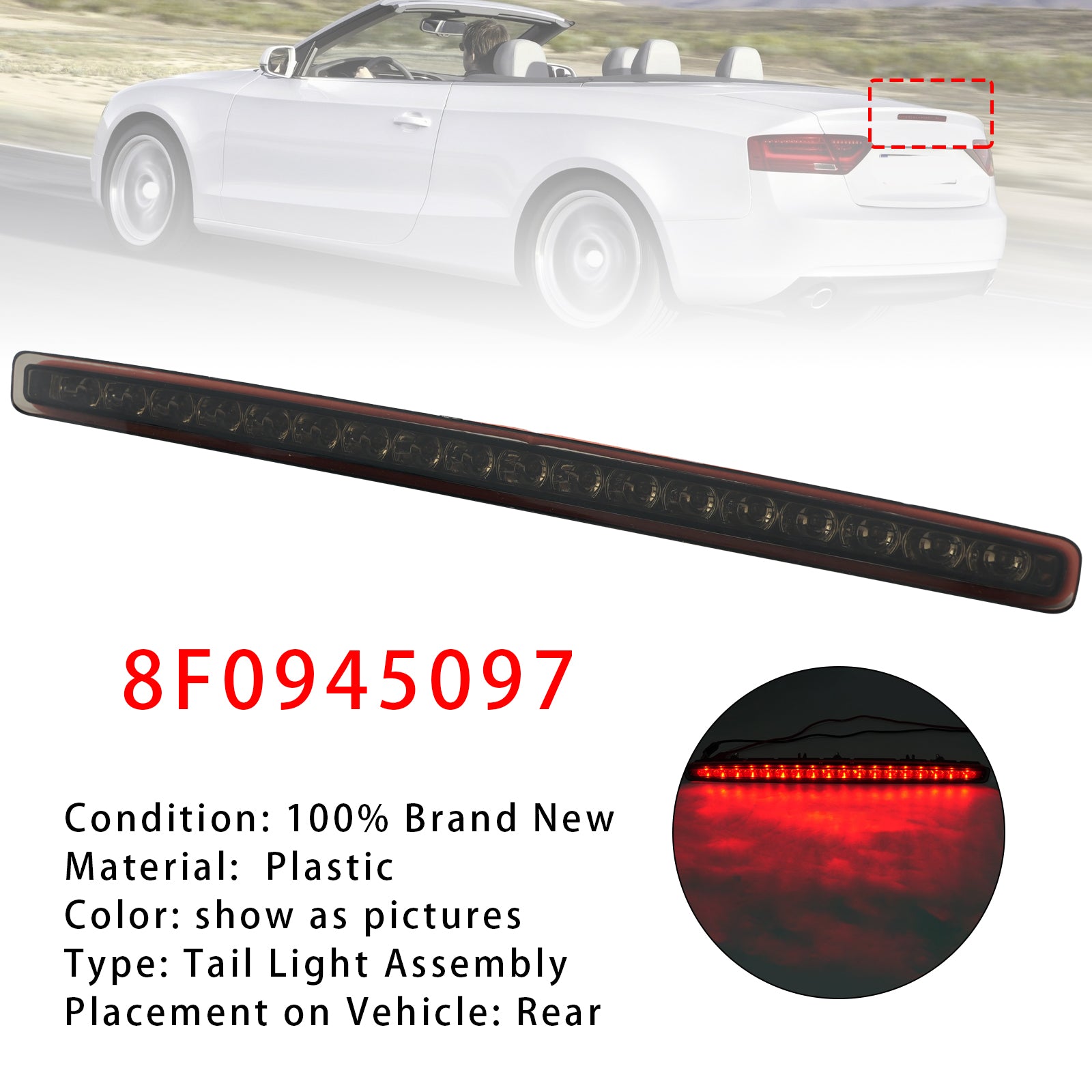 Troisième Feu Stop Arrière 8F0945097 Noir Pour Audi A5 Cabriolet 2009-2016