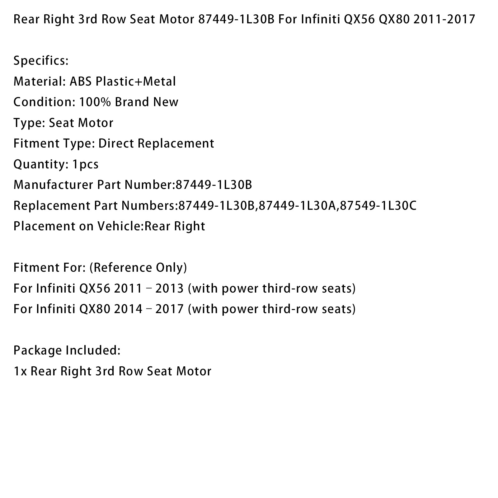 Moteur Siège 3E Rang Arrière Droit 87449-1L30B Pour Infiniti QX56 2011-2017