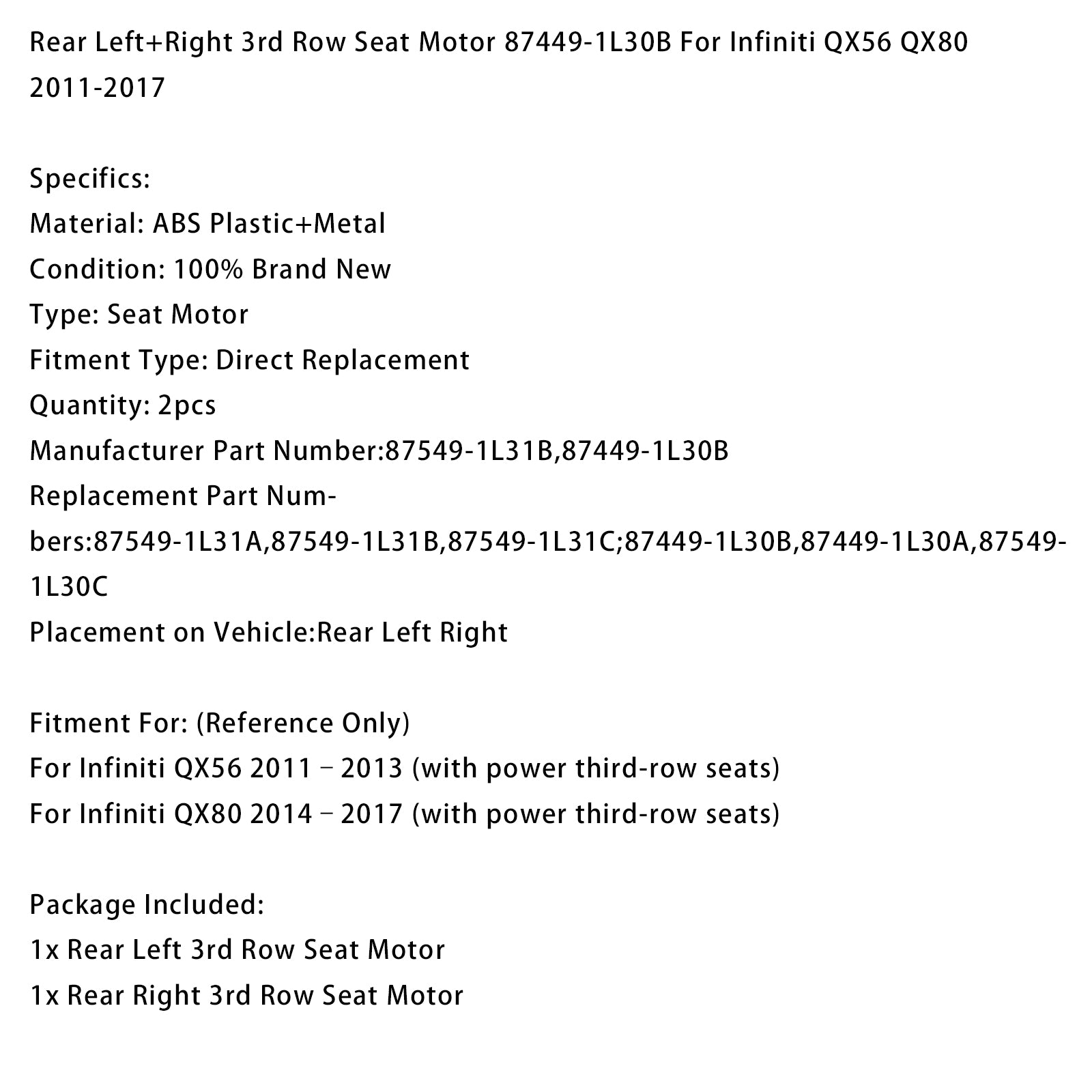 Moteur Siège 3E Rang Arrière Gauche+Droit 87449-1L30B Pour Infiniti QX56 11-2017