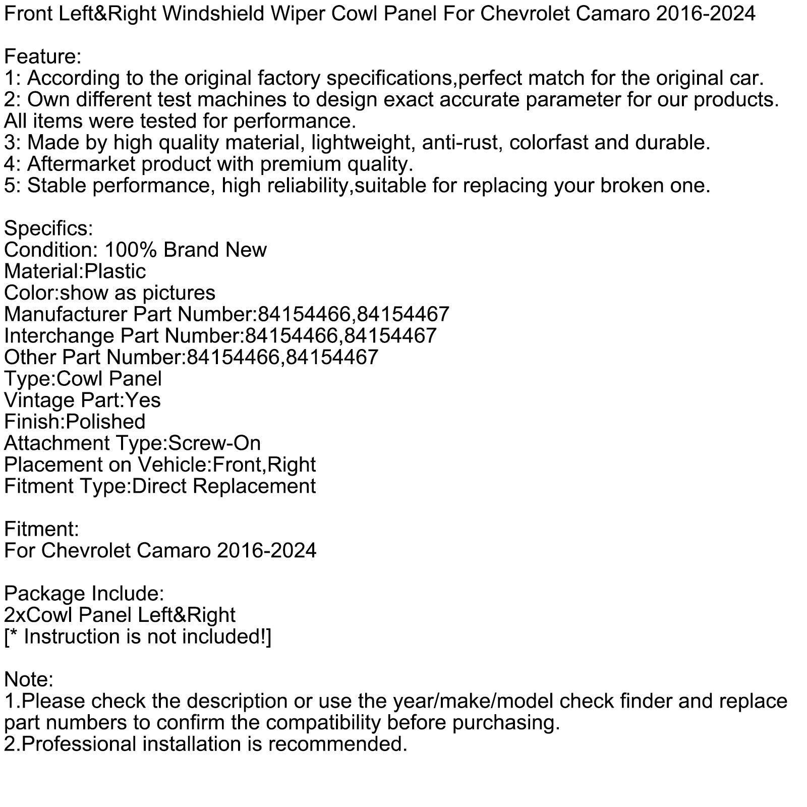 Panneau Déflecteur Pare-Brise Avant Gauche & Droit Pour Chevrolet Camaro 2016-2024