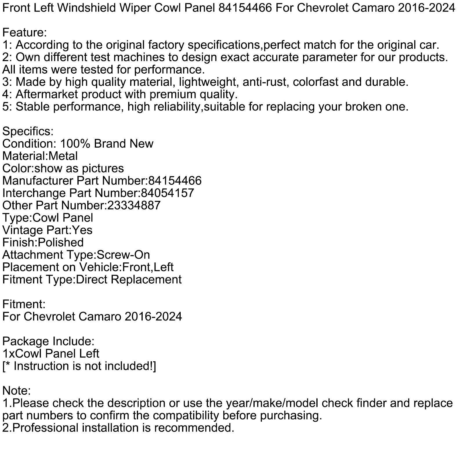 Panneau Déflecteur Pare-Brise Avant Gauche 84154466 Pour Chevrolet Camaro
