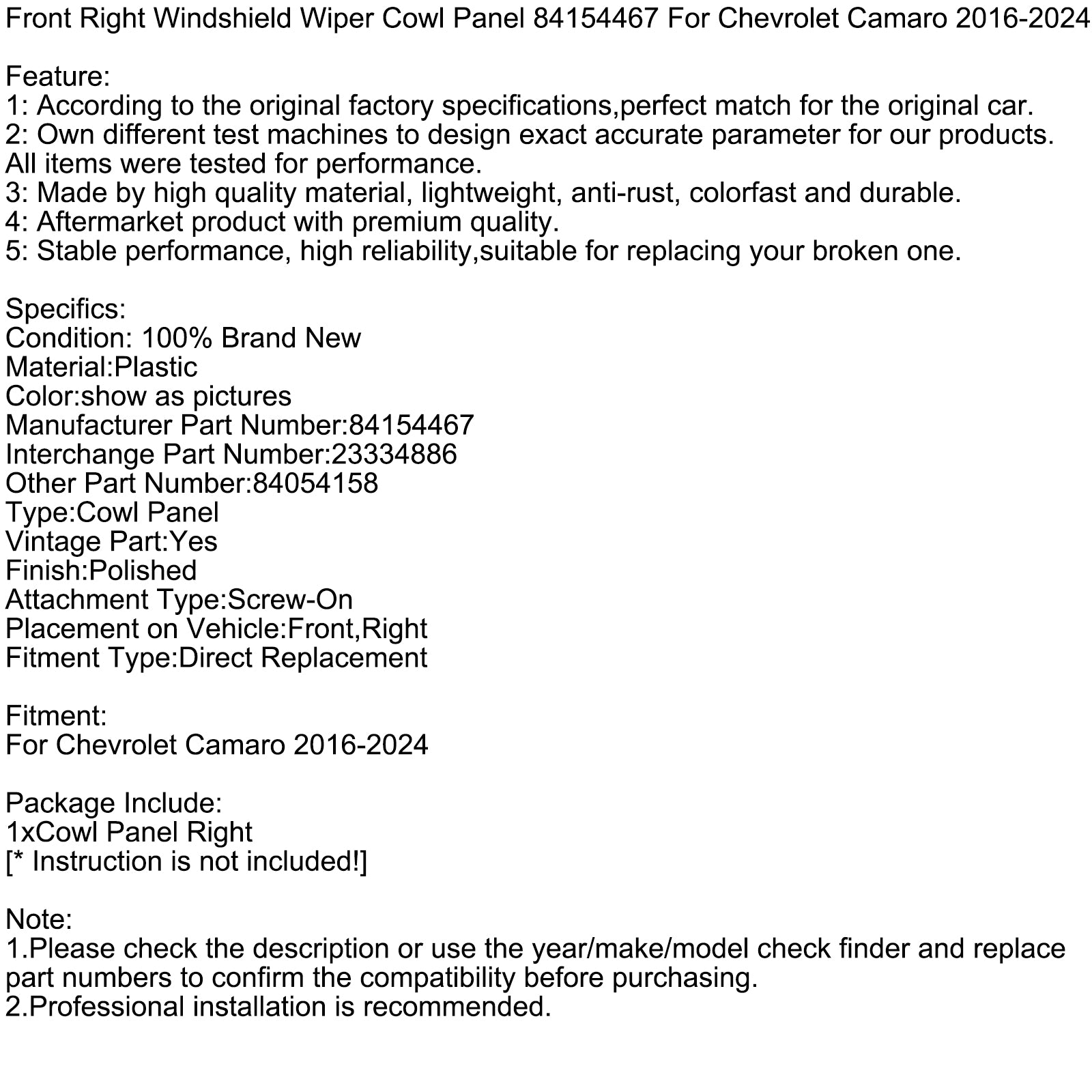 Panneau Déflecteur Pare-Brise Avant Droit 84154467 Pour Chevrolet Camaro