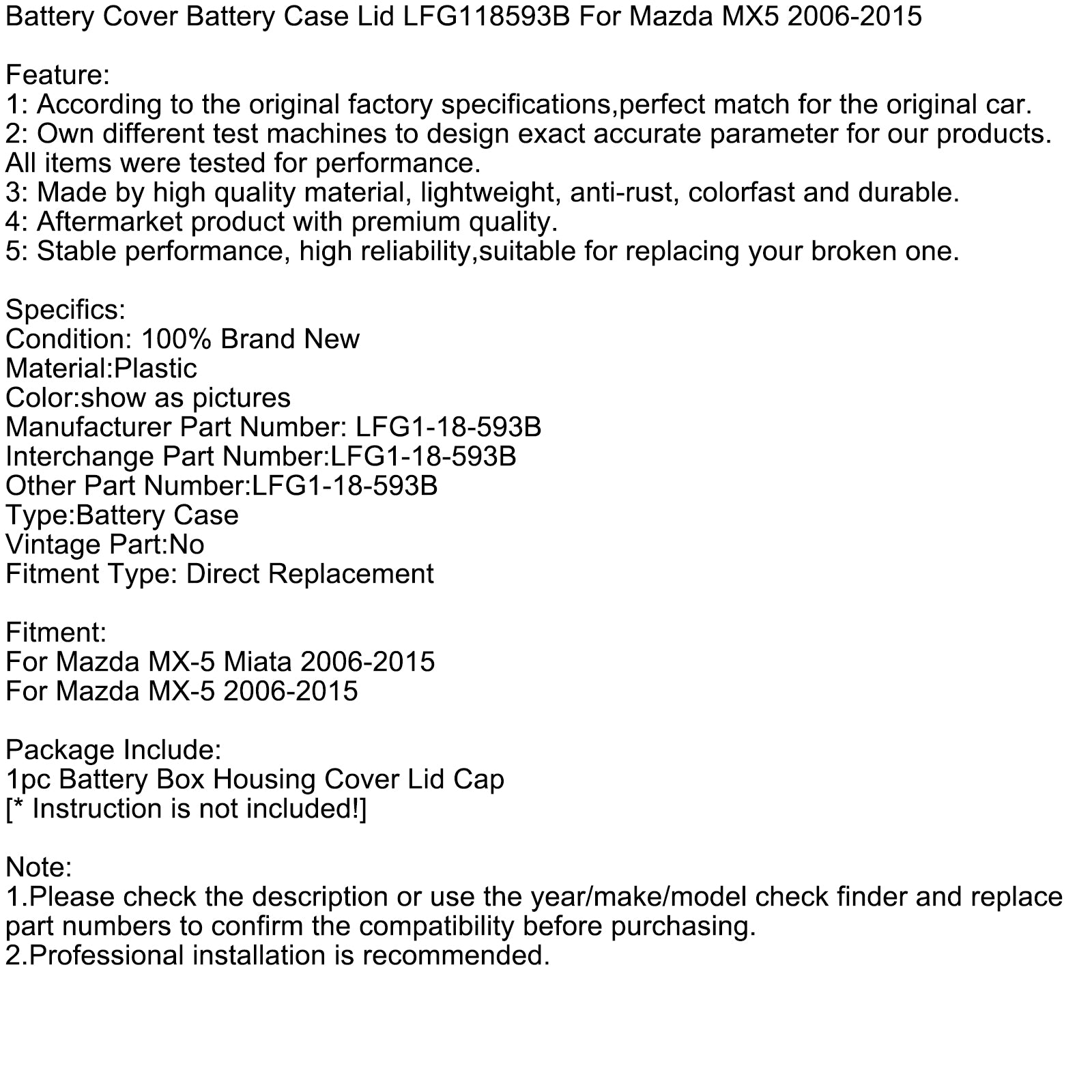 Cache Batterie Couvercle Boîtier Batterie LFG118593B Pour Mazda MX5 2006-2015