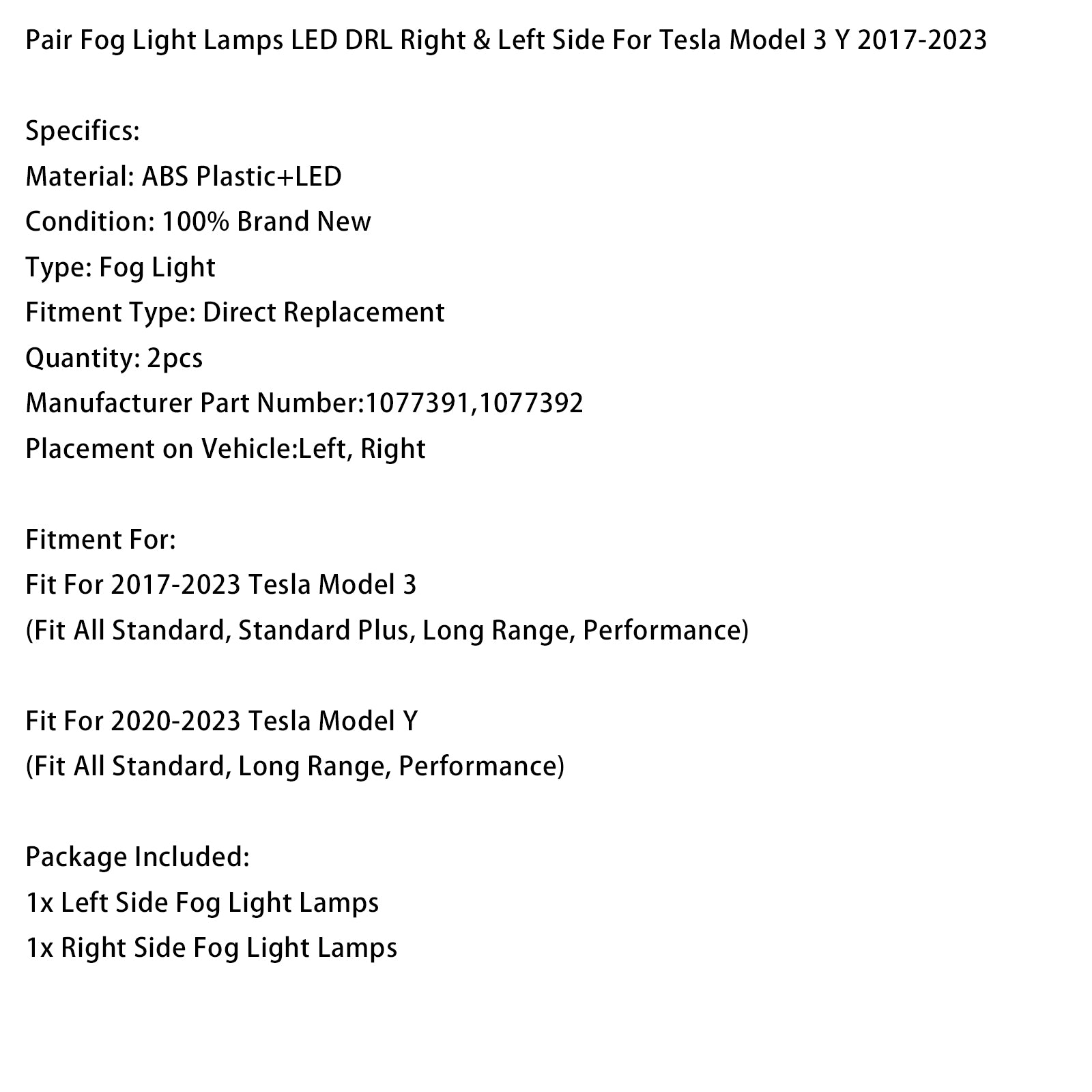 Paire Phares Anti‑Brouillard LED DRL Pour Tesla Model 3 2017‑2023