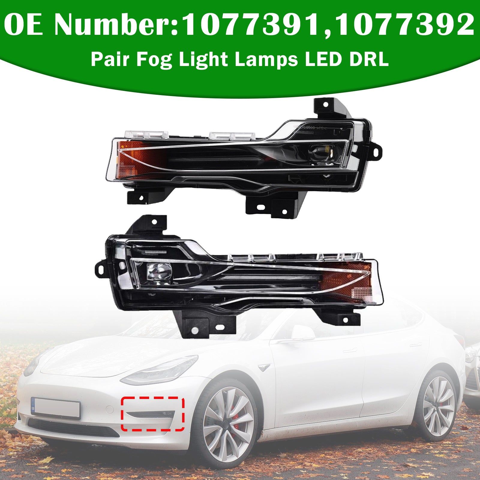 Paire Phares Anti‑Brouillard LED DRL Pour Tesla Model 3 2017‑2023