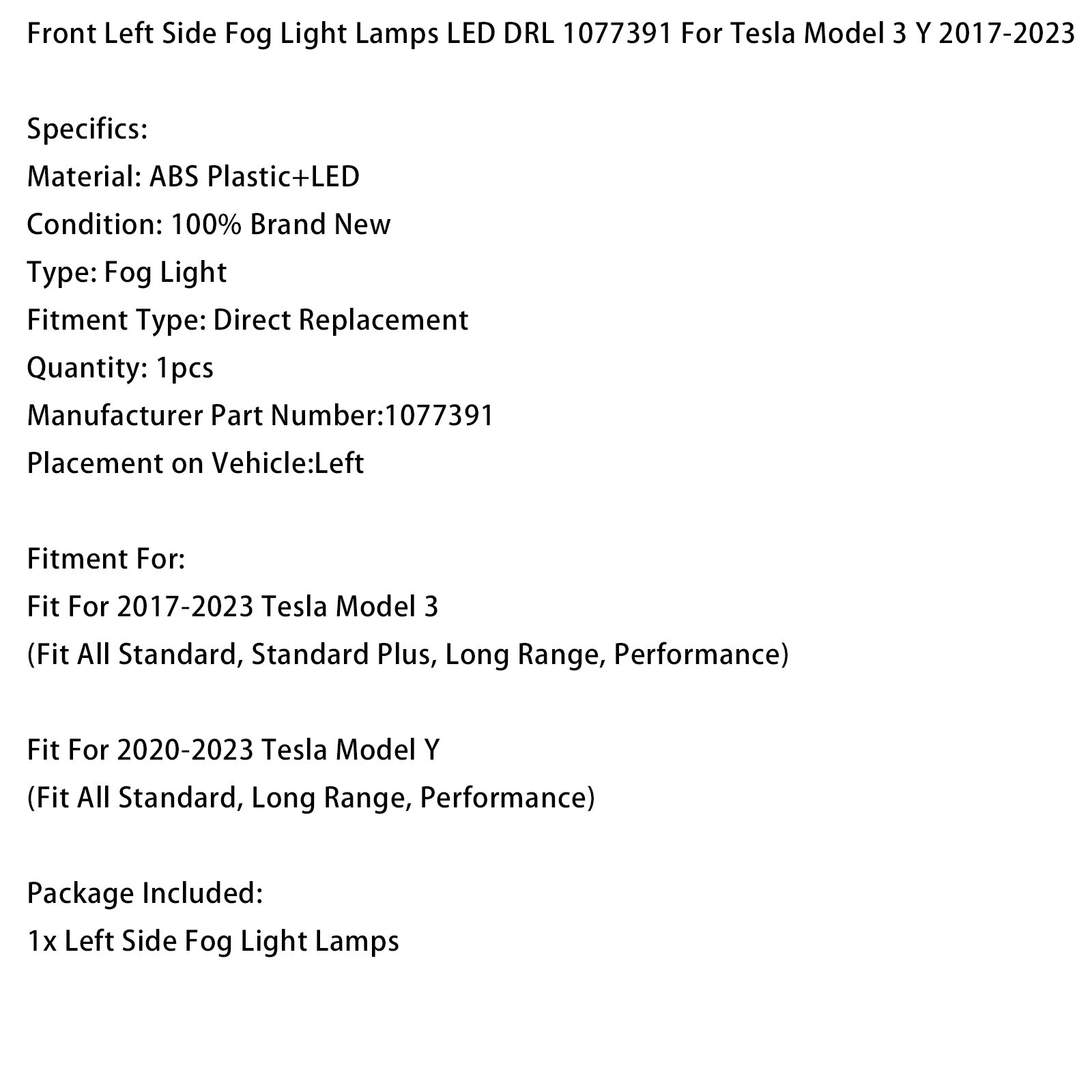 Phares Anti‑Brouillard Avant Gauche DRL 1077391 Pour Tesla Model 3 2017‑2023