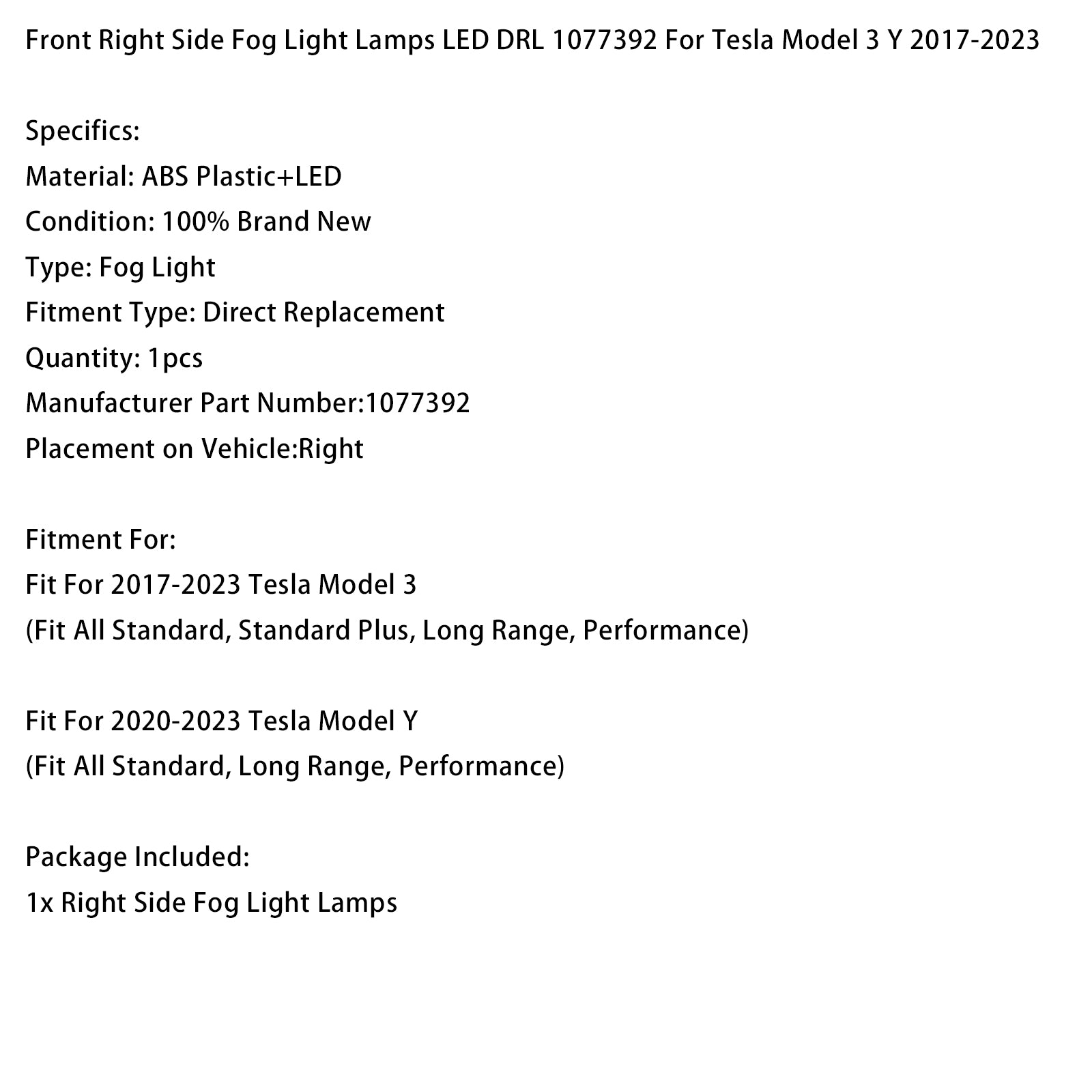 Phares Anti‑Brouillard Avant Droit DRL 1077392 Pour Tesla Model 3 2017‑2023