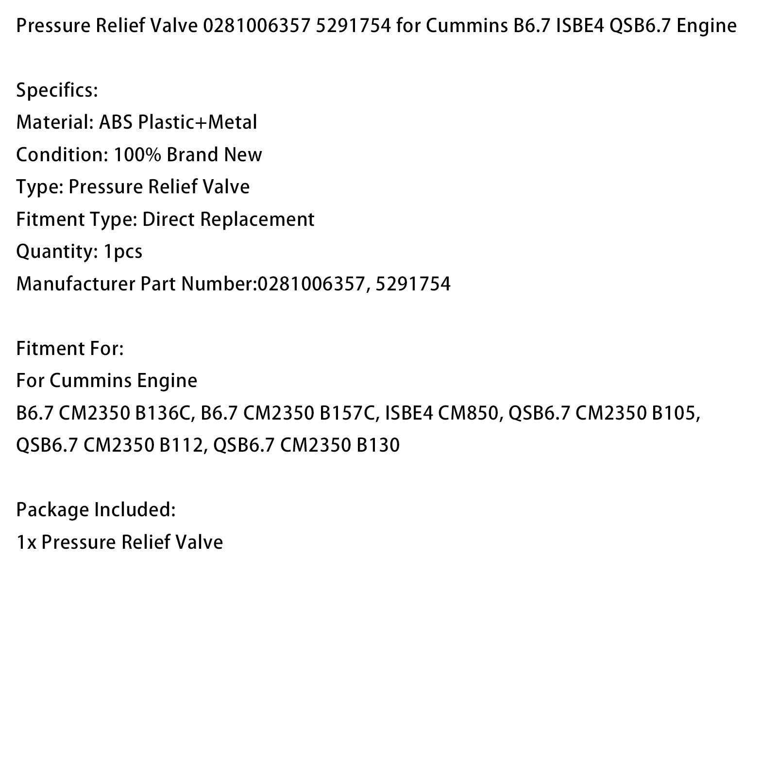 Soupape décharge pression 0281006357 5291754 Pour Cummins B6.7 ISBE4