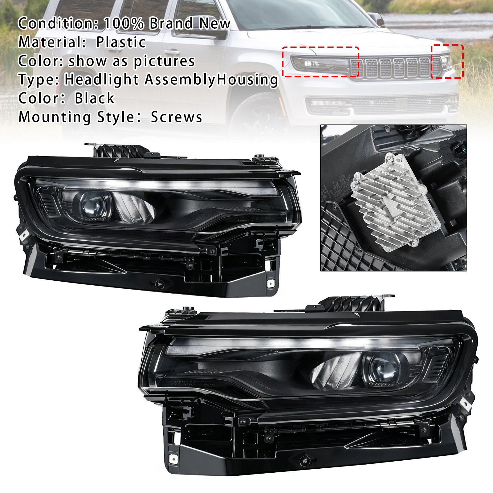 Phare Projecteur LED Complet Gauche+Droit Pour Jeep Wagoneer 2022-2025 Noir