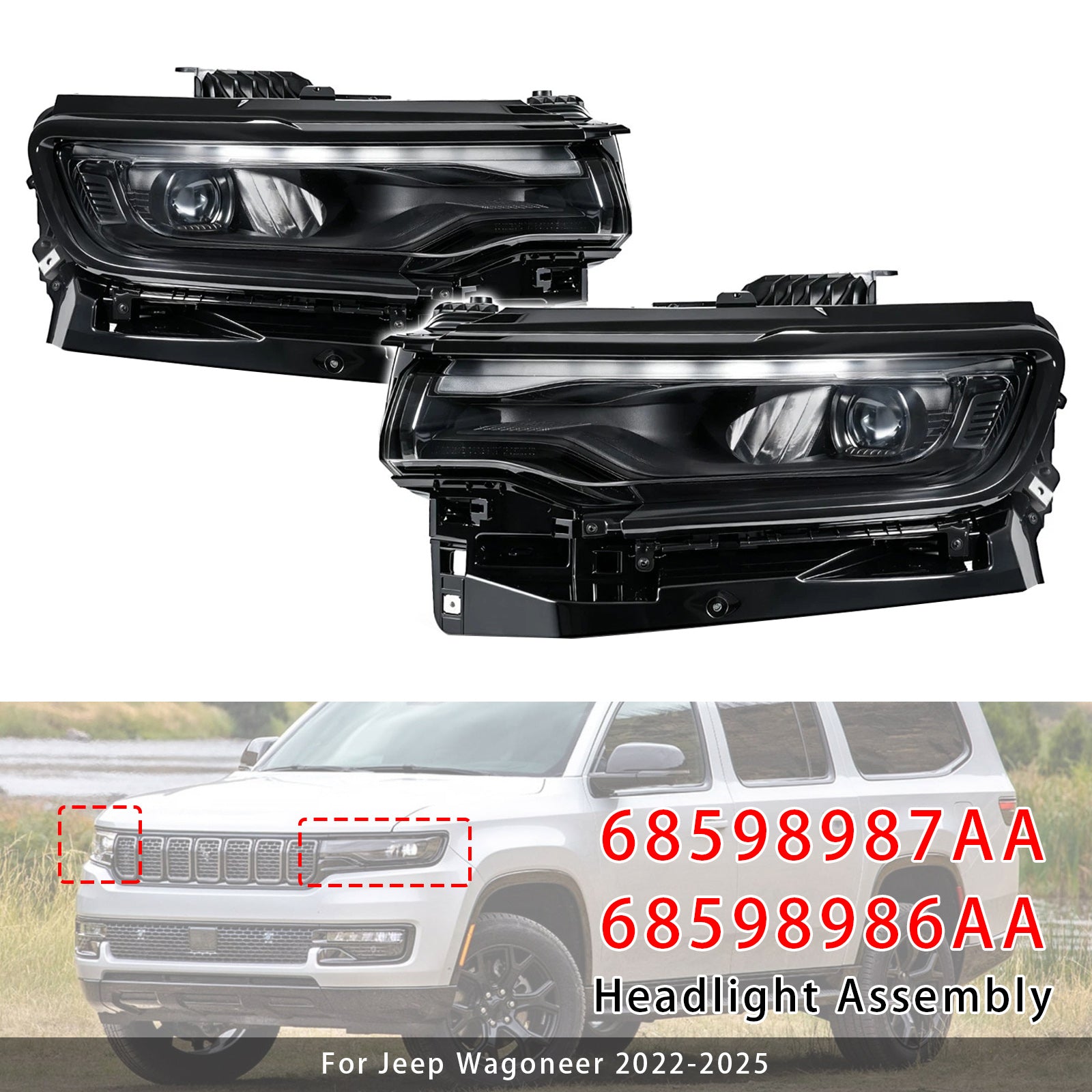 Phare Projecteur LED Complet Gauche+Droit Pour Jeep Wagoneer 2022-2025 Noir