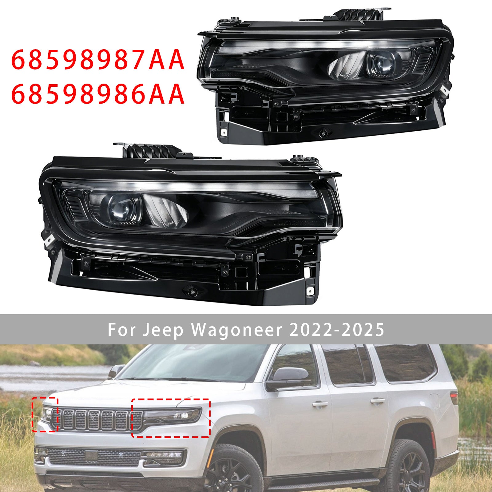 Phare Projecteur LED Complet Gauche+Droit Pour Jeep Wagoneer 2022-2025 Noir