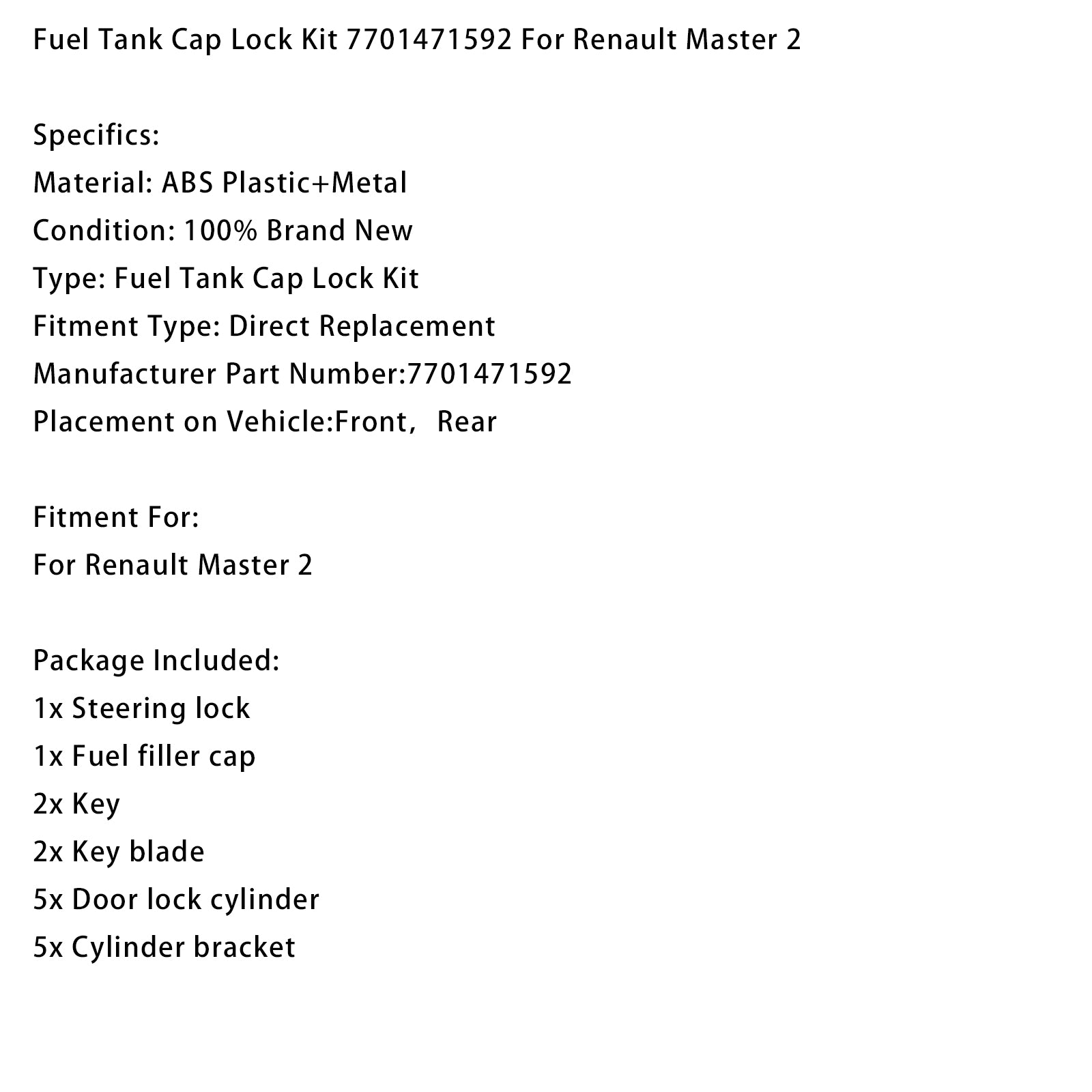 Kit Bouchon Réservoir Verrouillable 7701471592 Pour Renault Master 2