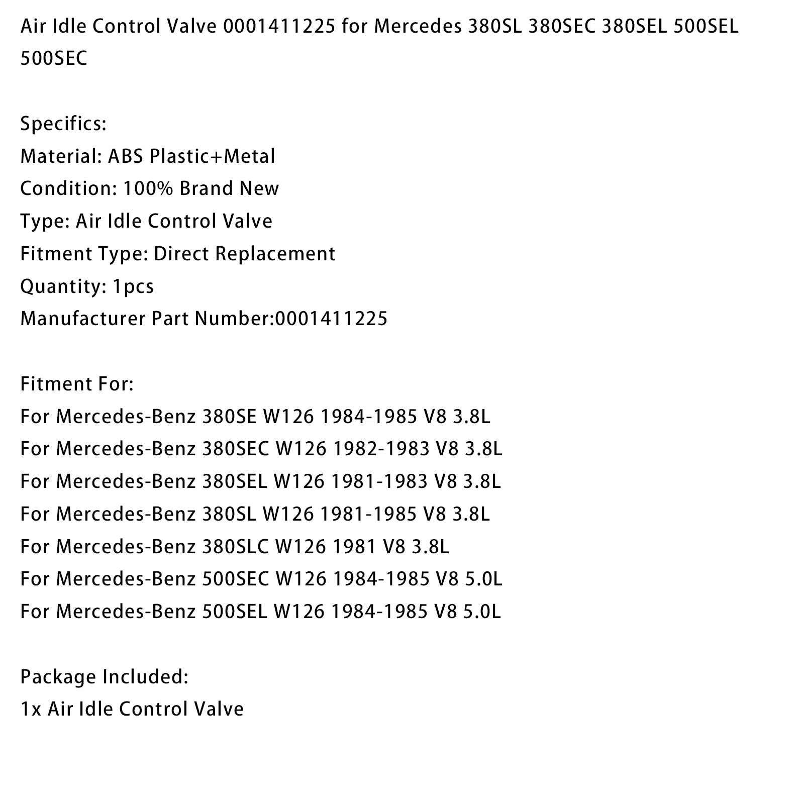 Vanne Régulateur Ralenti Air 0001411225 Pour Mercedes 380SL 380SEC 380SEL 500SEL
