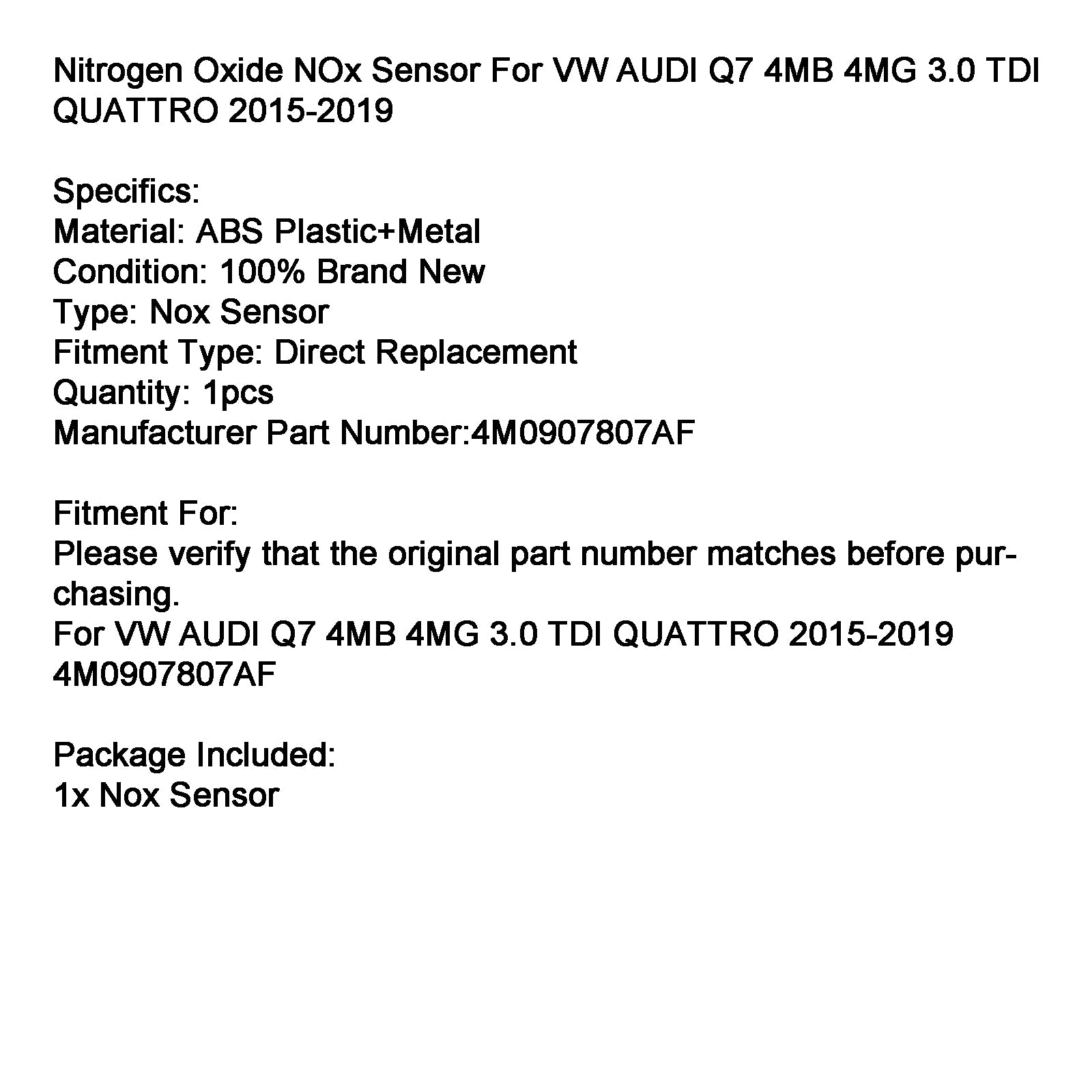 Capteur D'Oxydes D'Azote Nox 4M0907807AF Pour VW Audi Q7 3.0 Tdi Quattro 2015-2019
