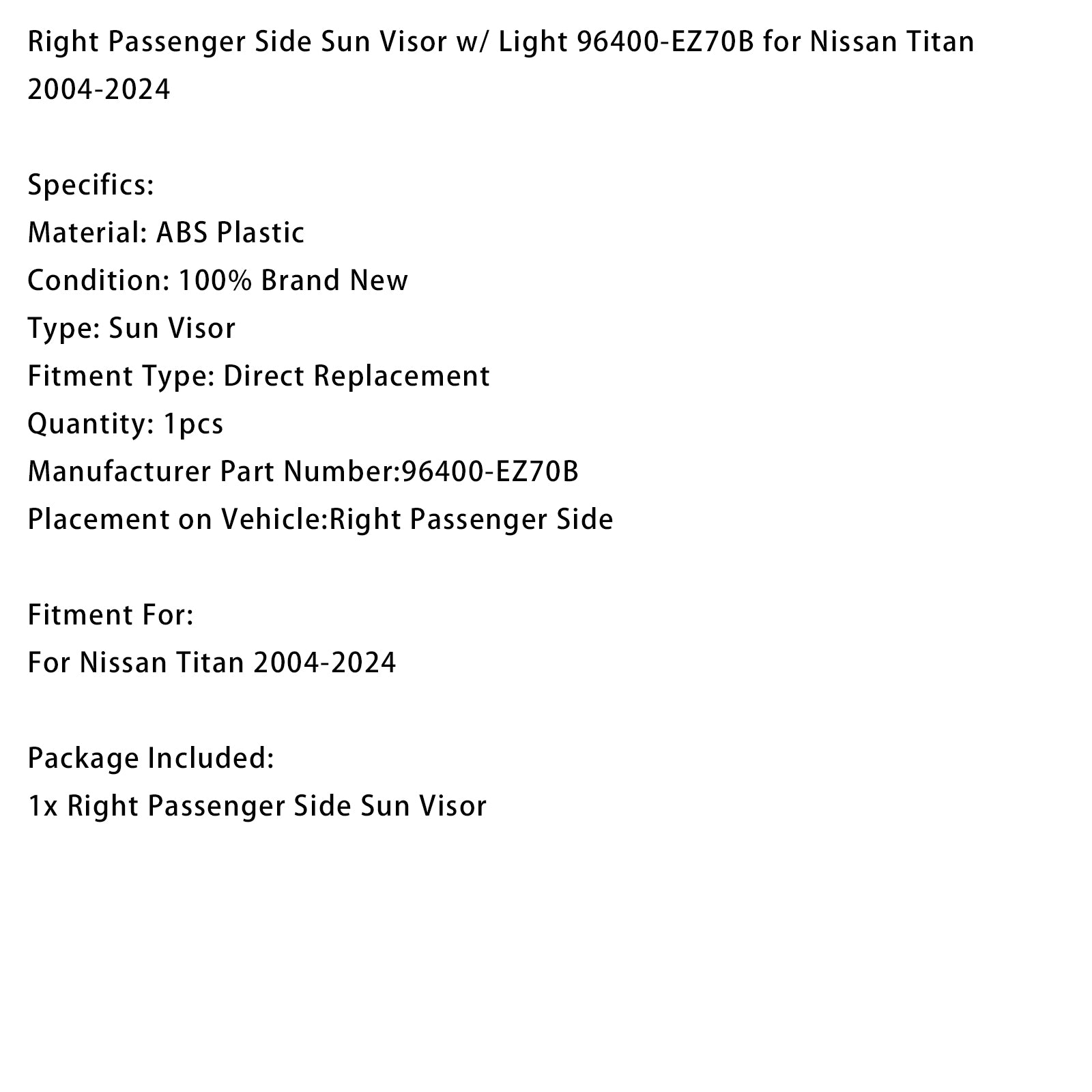 Pare-Soleil Passager Droit Avec Lumière 96400-EZ70B Pour Nissan Titan 2004-2024