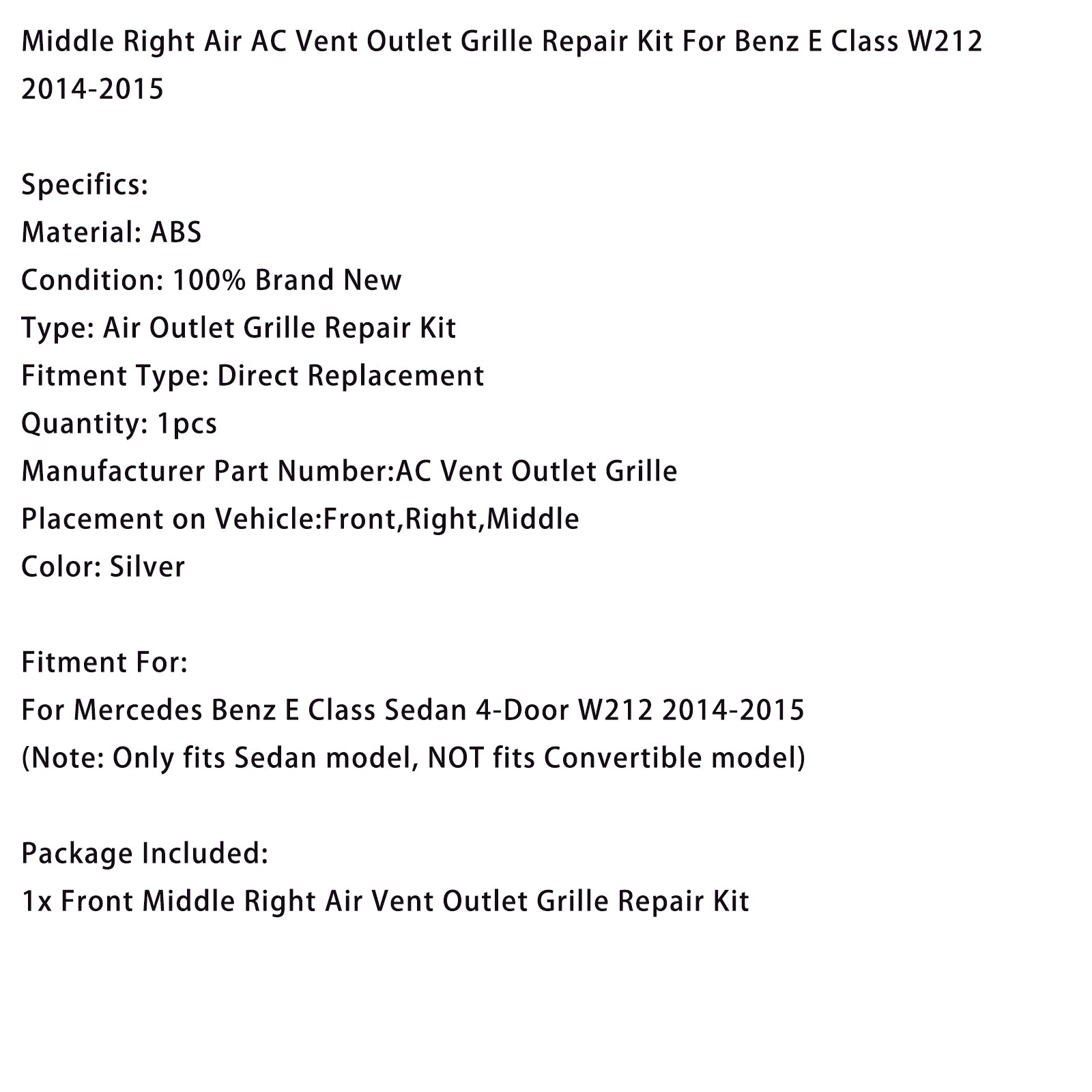 Kit Réparation Sortie D’Air Milieu-Droit Pour Benz Classe E W212 2014-2015