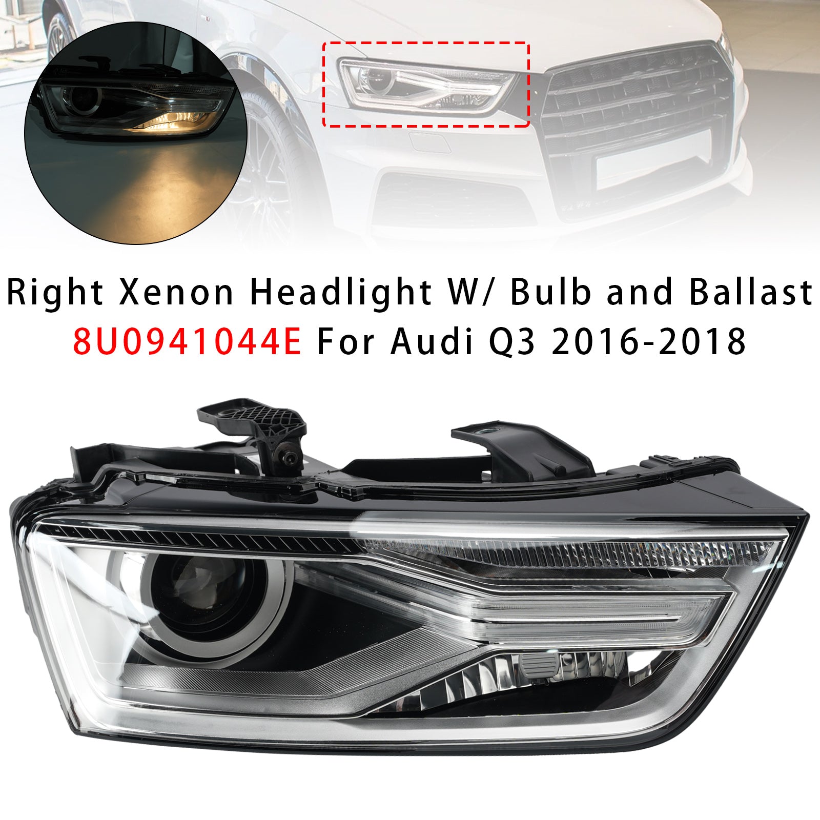Oikea Xenon-ajovalo polttimolla ja liitäntälaitteella 8U0941044E Audi Q3 2016-2018