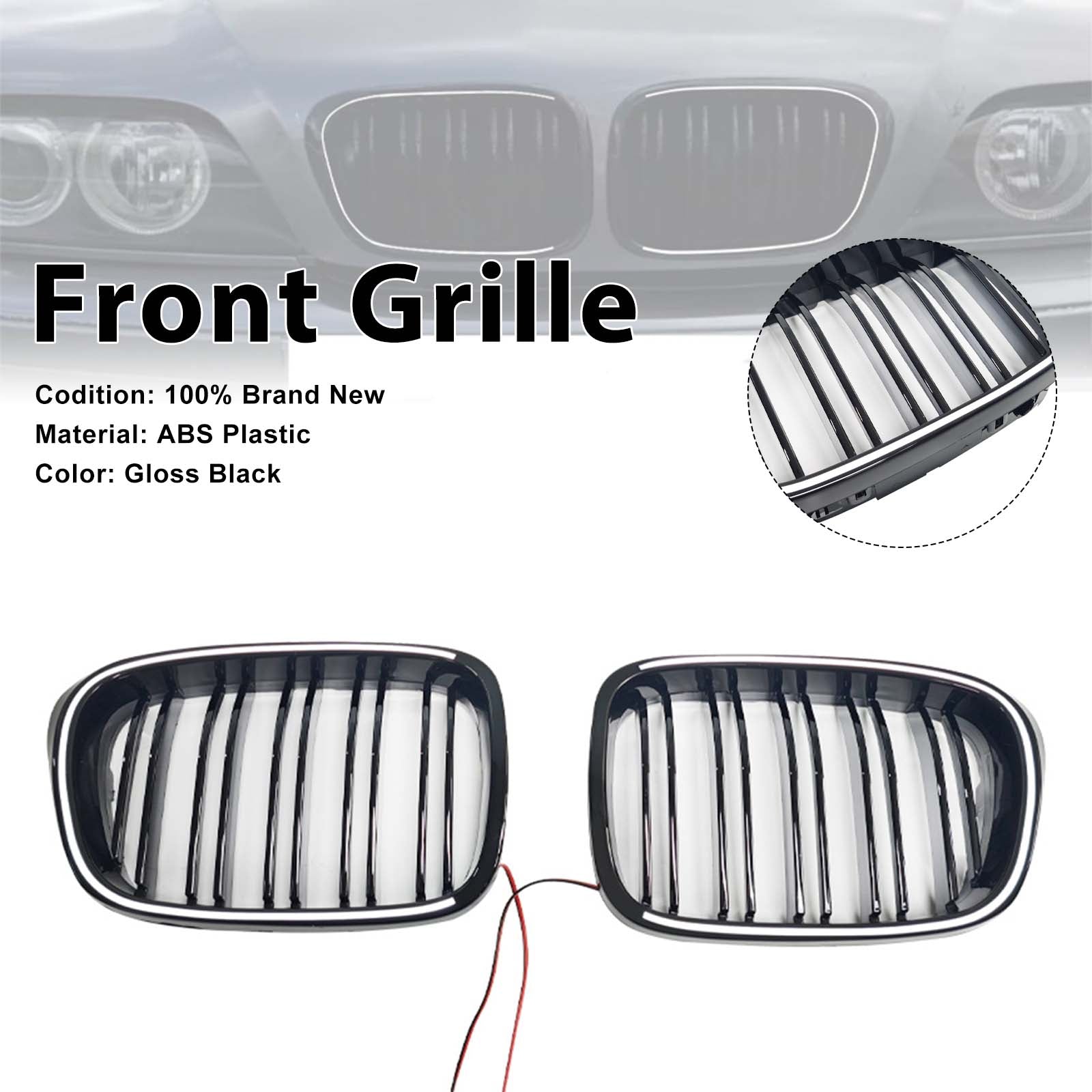 Gloss Black Front Kidney Grill Grille Pour BMW 5 Series E39 1998-2003 W/LED