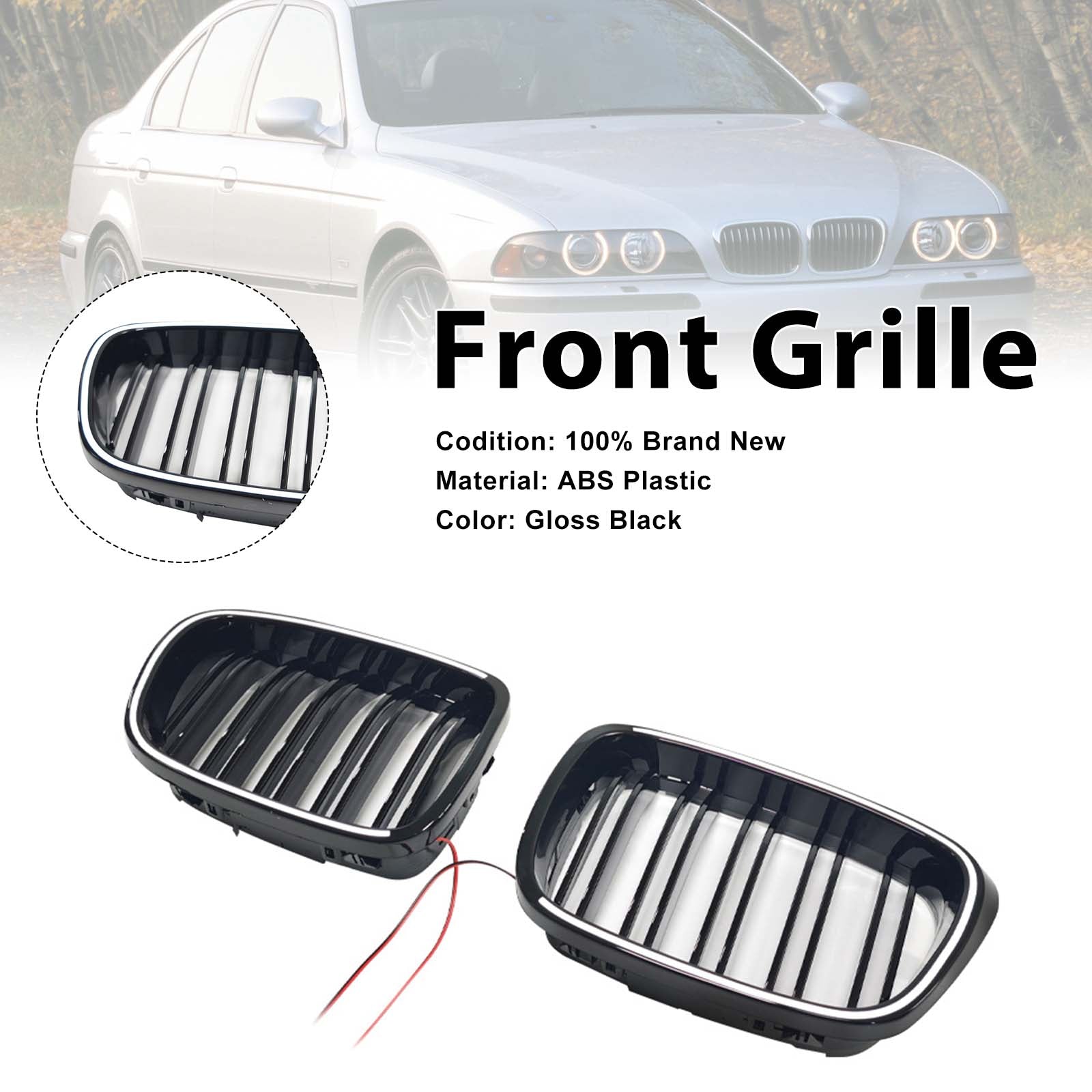 Gloss Black Front Kidney Grill Grille Pour BMW 5 Series E39 1998-2003 W/LED