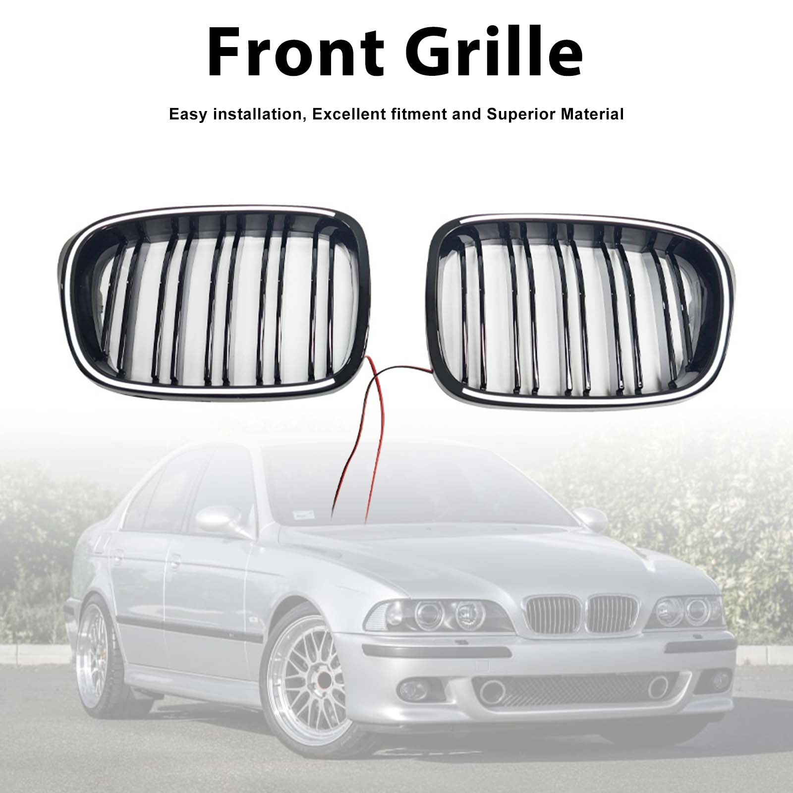 Gloss Black Front Kidney Grill Grille Pour BMW 5 Series E39 1998-2003 W/LED
