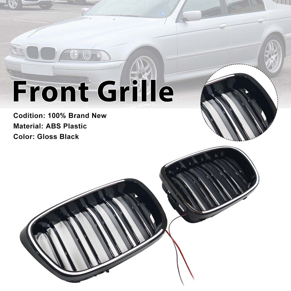 Gloss Black Front Kidney Grill Grille Pour BMW 5 Series E39 1998-2003 W/LED