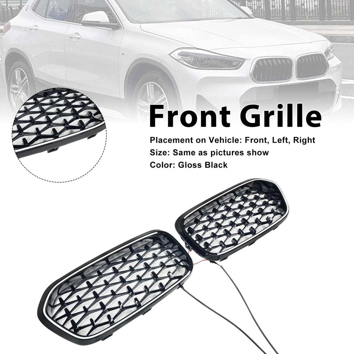 Black Front Bumper Grill Grille Pour BMW X2 Series F39 2018-2023 Diamond