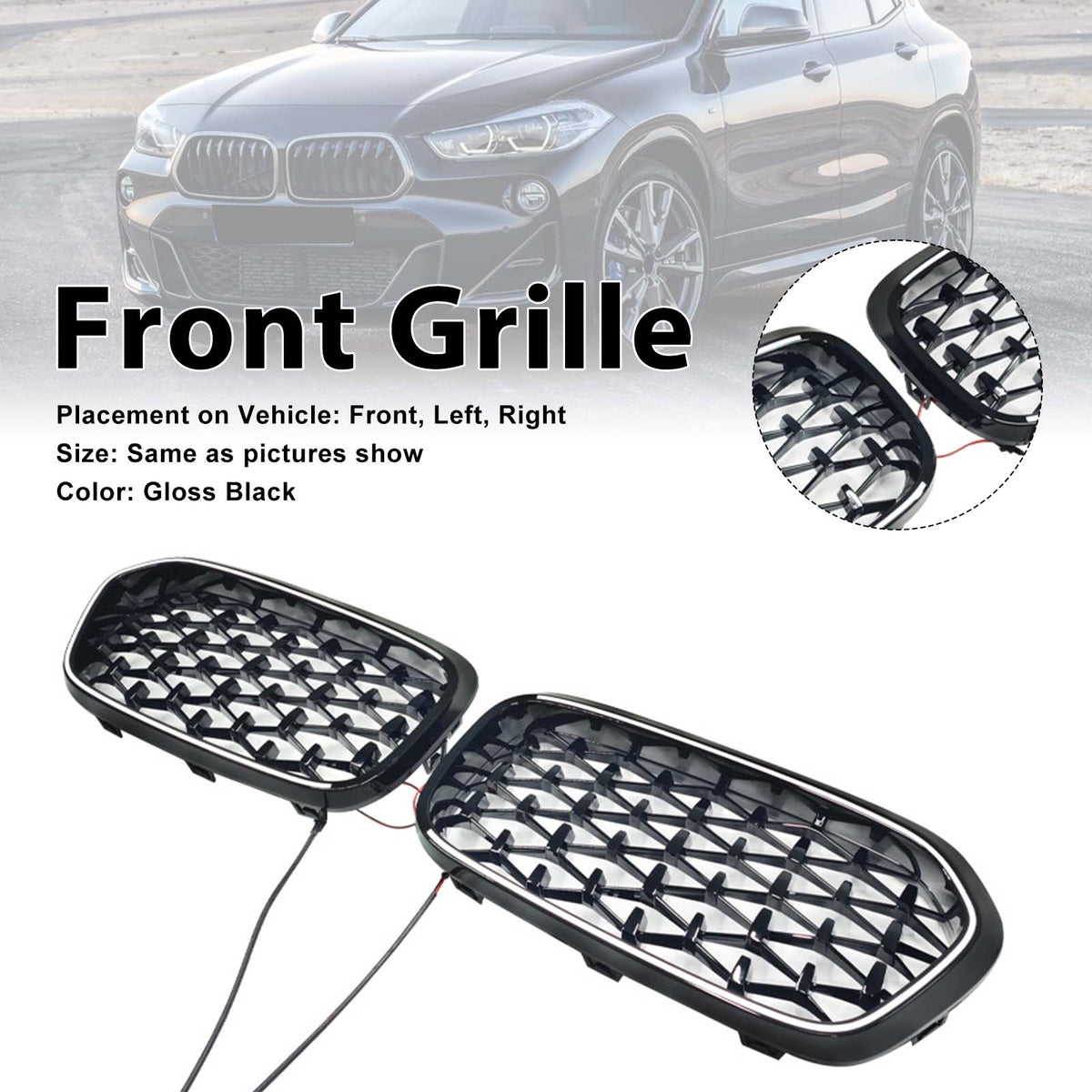 Black Front Bumper Grill Grille Pour BMW X2 Series F39 2018-2023 Diamond