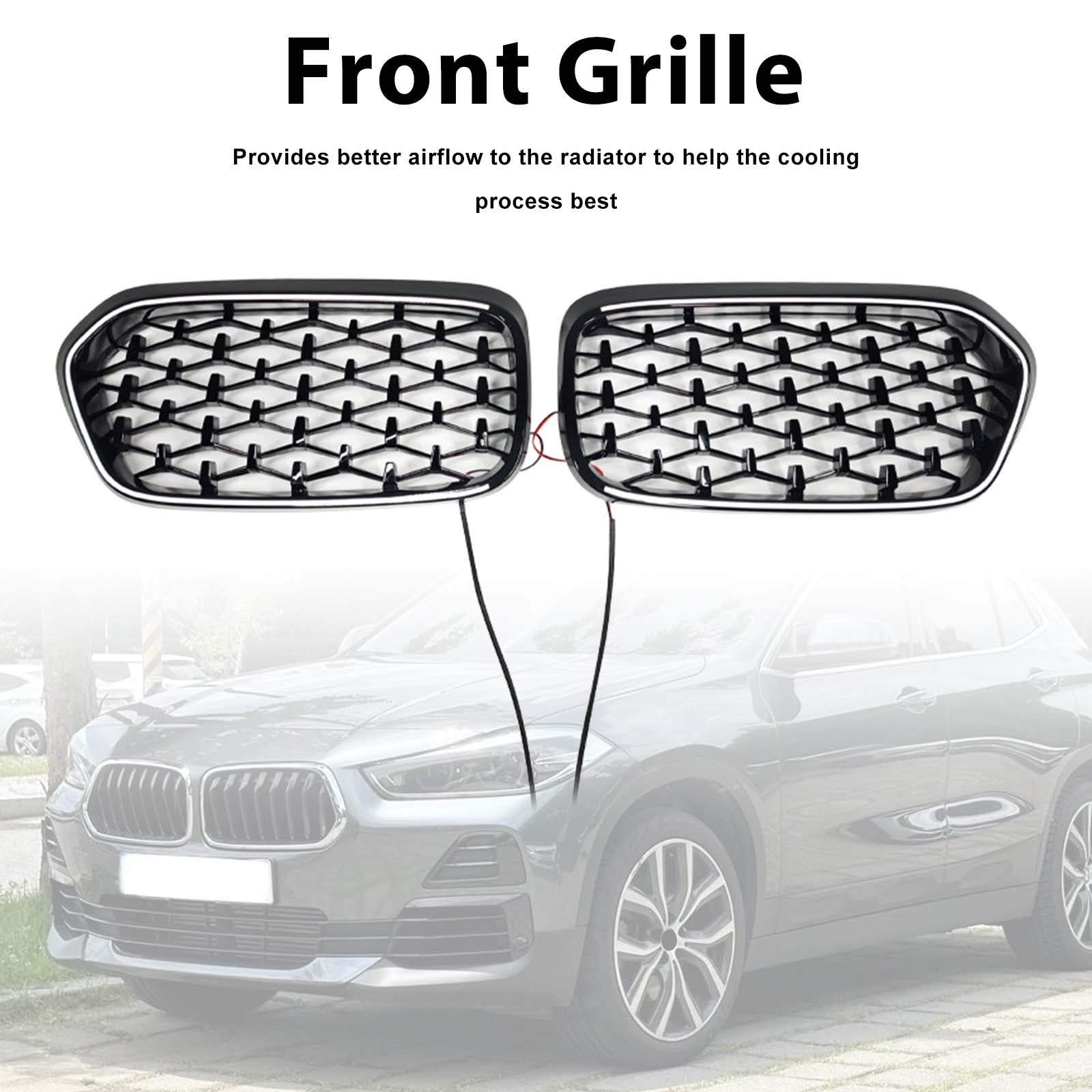 Black Front Bumper Grill Grille Pour BMW X2 Series F39 2018-2023 Diamond