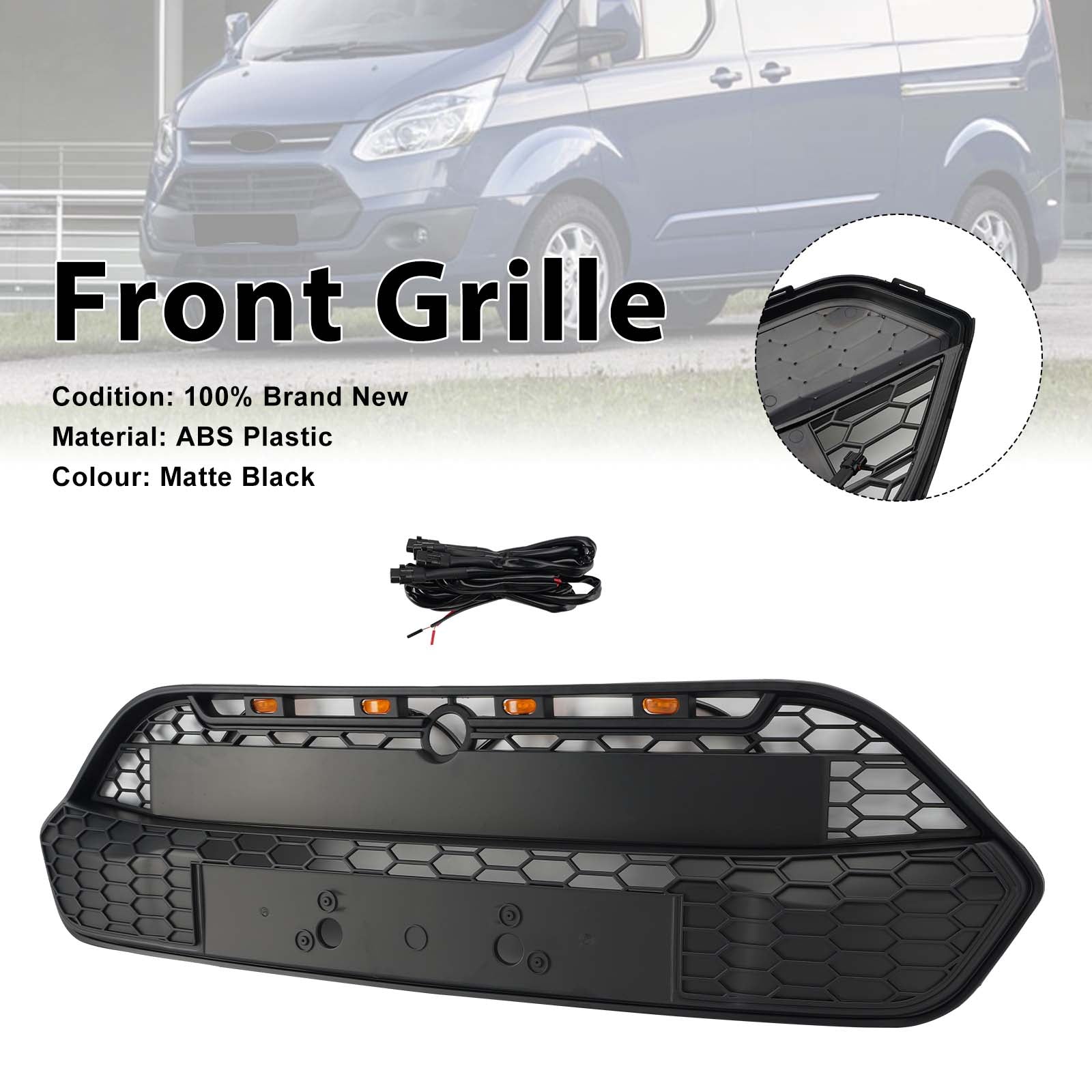 Matte Black Front Bumper Grille Grill Pour Ford Transit Custom 2013-2017 W/LED