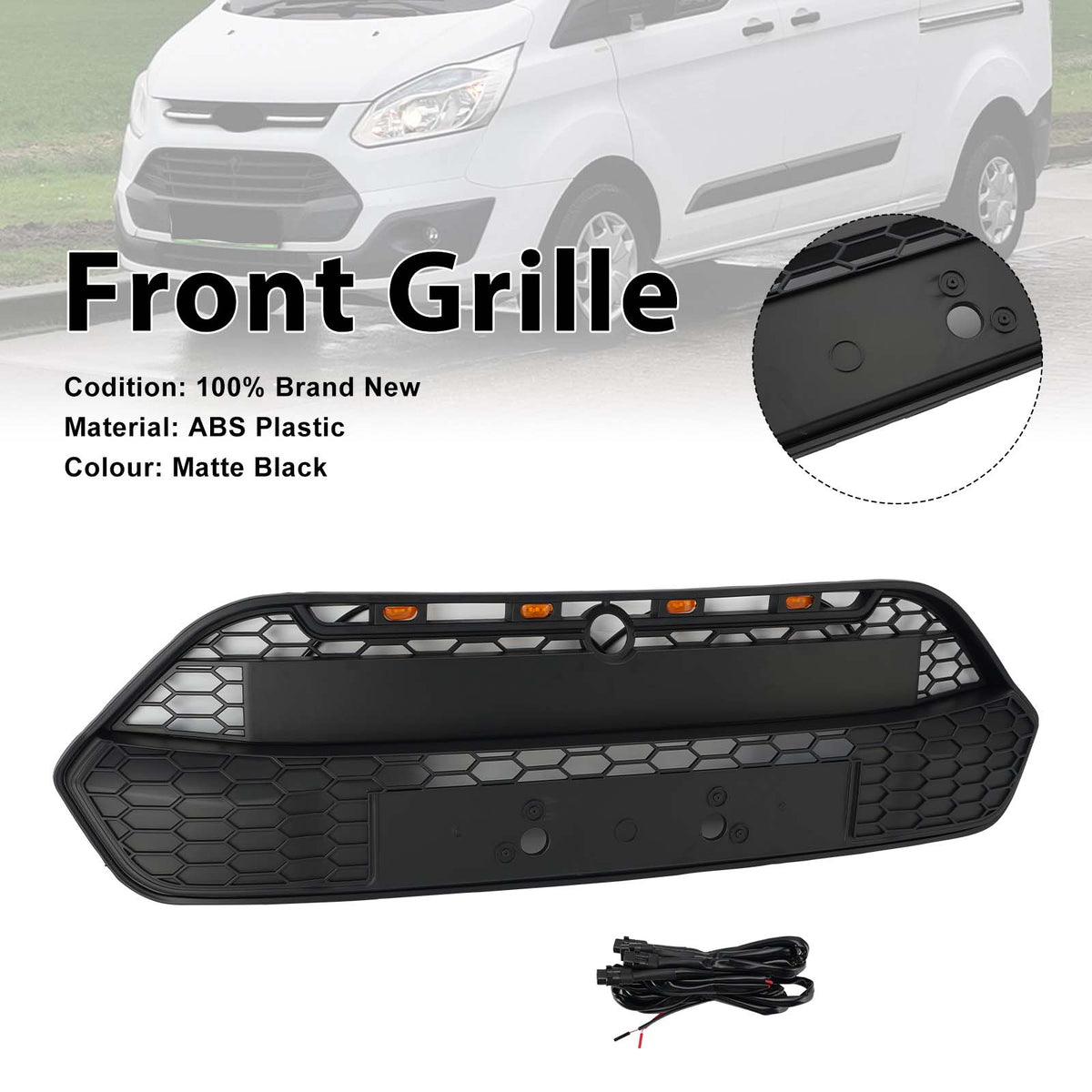 Matte Black Front Bumper Grille Grill Pour Ford Transit Custom 2013-2017 W/LED