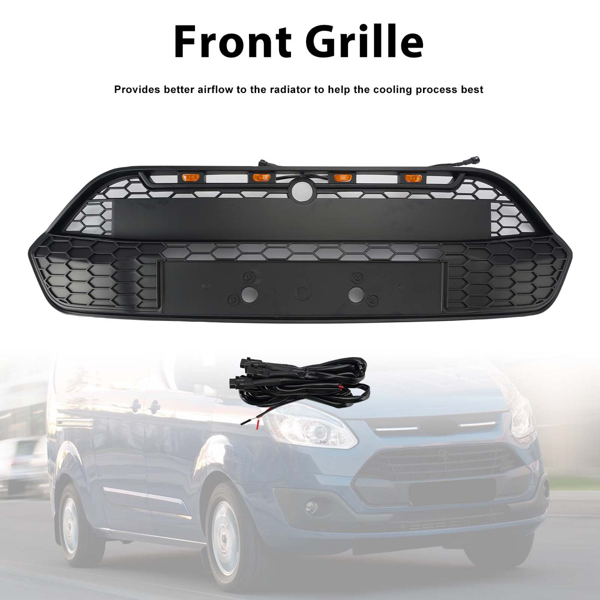Matte Black Front Bumper Grille Grill Pour Ford Transit Custom 2013-2017 W/LED